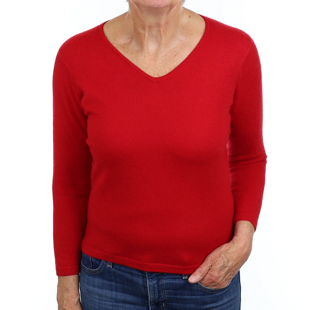 Post Box Red Cashmere V Neck Jumper Medium