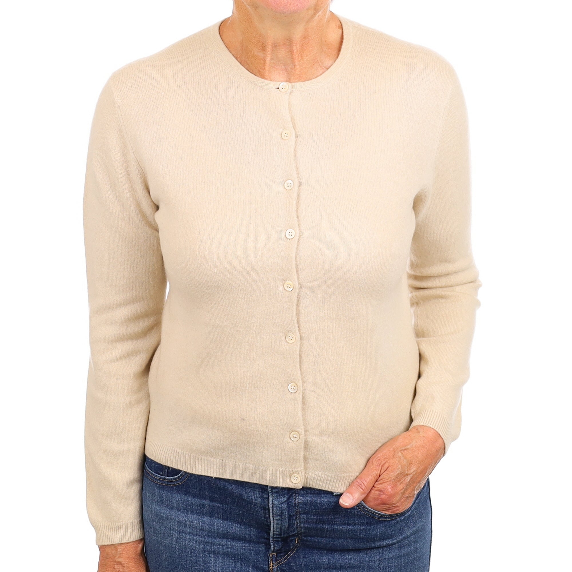 Oatmeal Cashmere Crew Neck Cardigan Medium