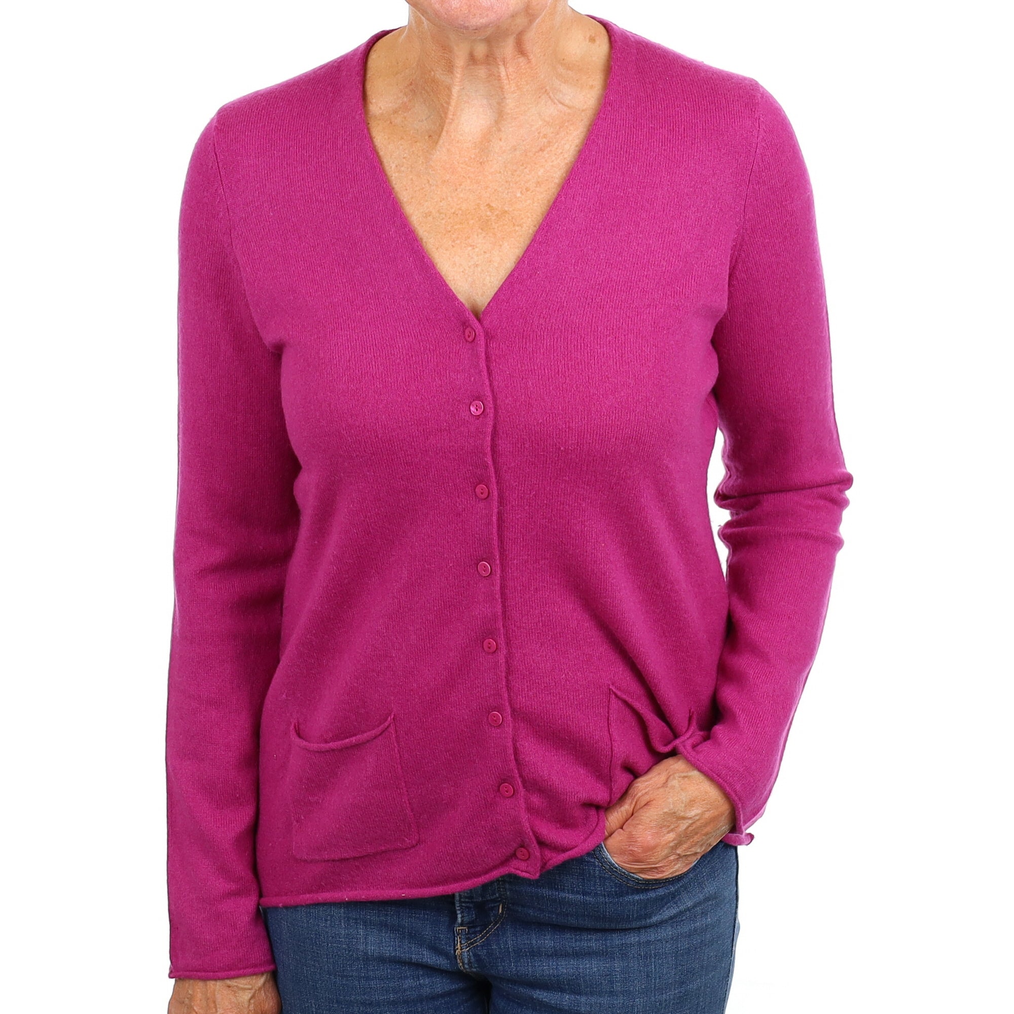 Magenta V Neck Cashmere Cardigan with Pockets Medium