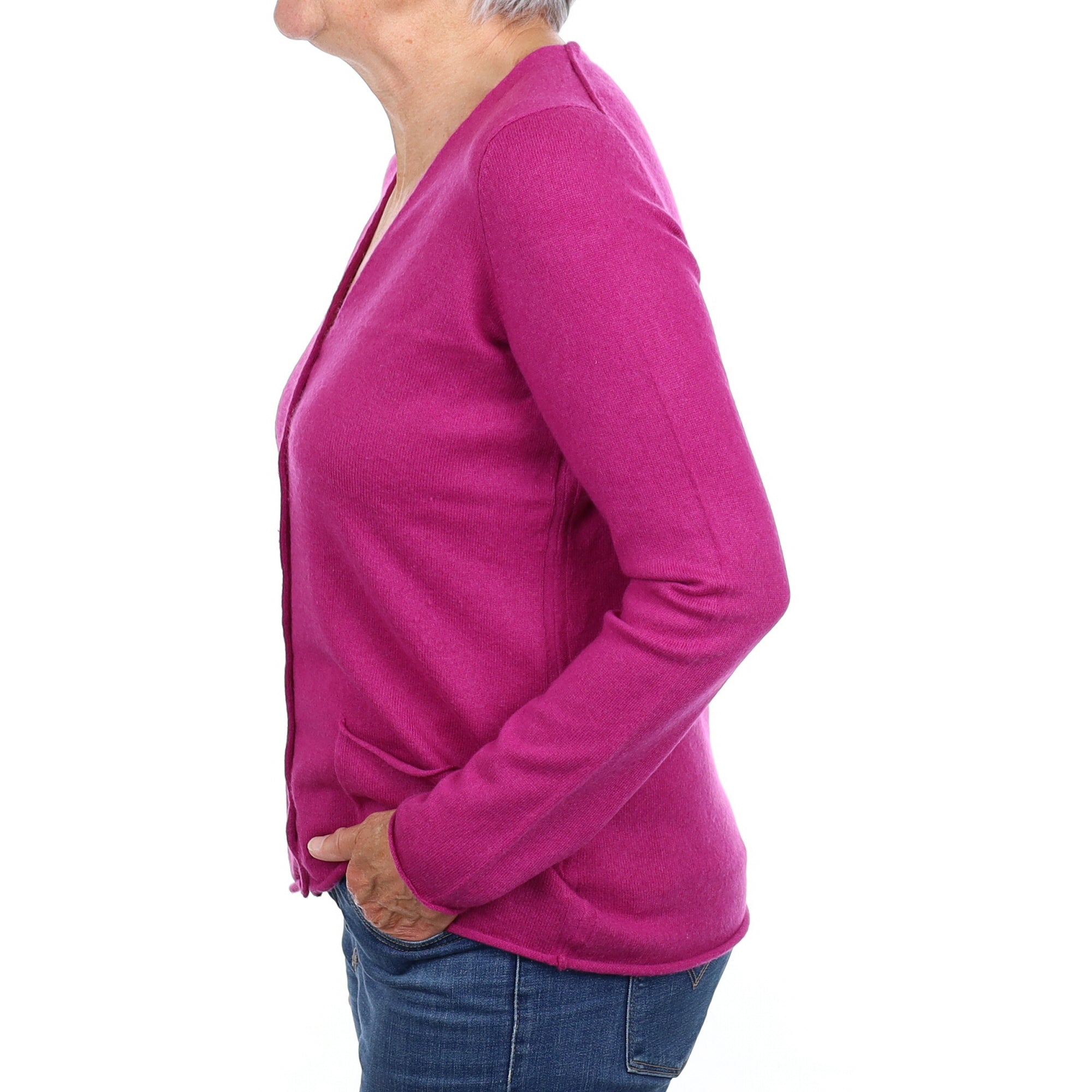 Magenta V Neck Cashmere Cardigan with Pockets Medium