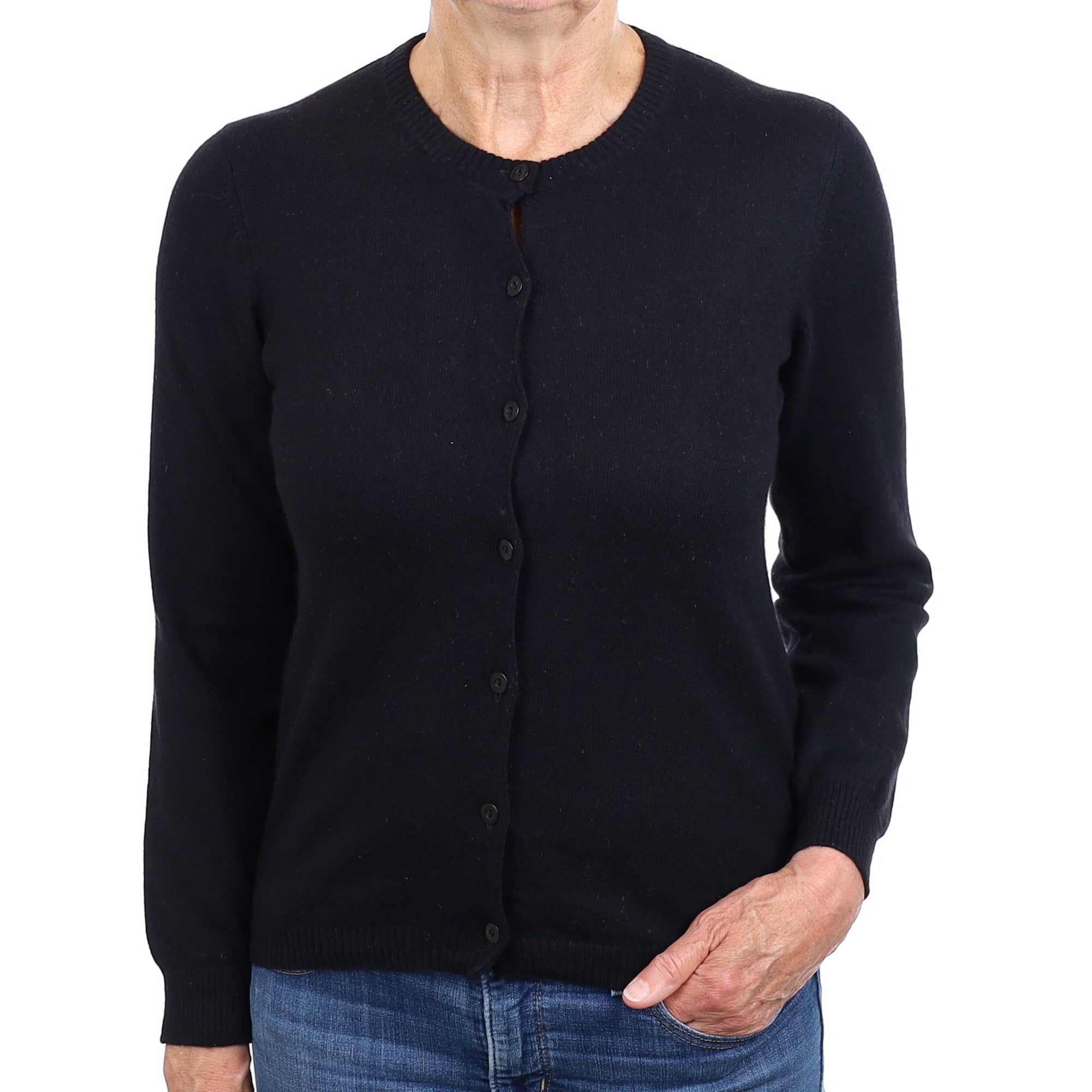 Black Cashmere Crew Neck Cardigan Medium