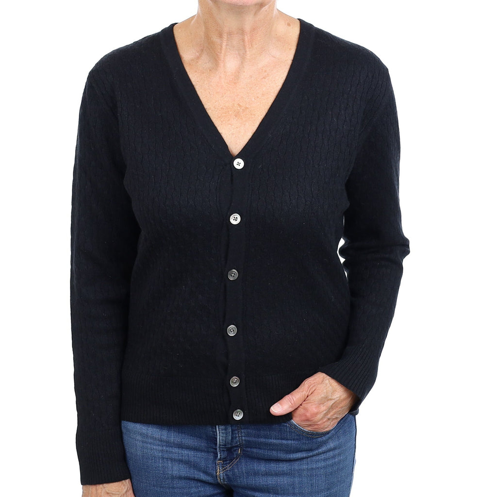 Black Cable Cashmere V Neck Cardigan Medium