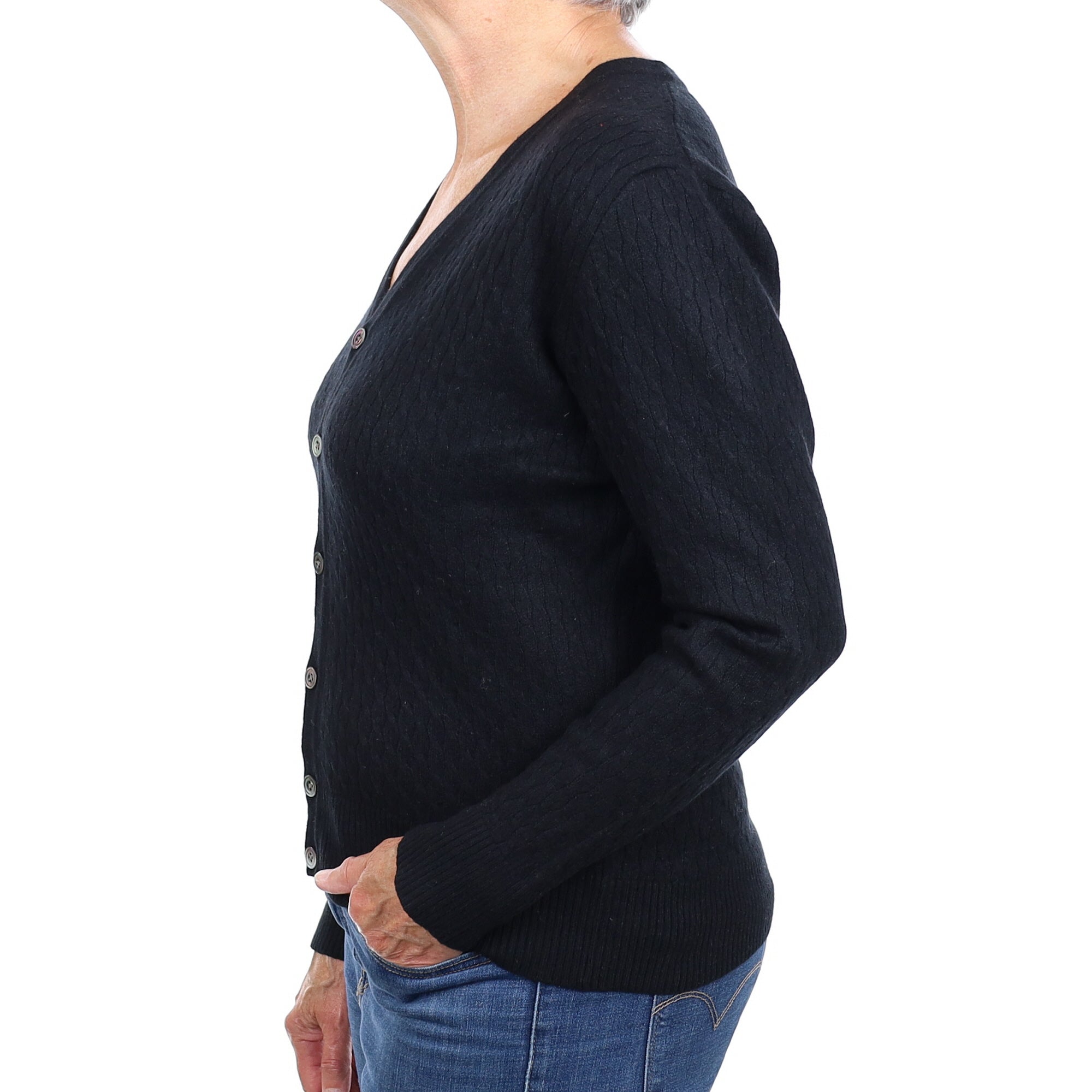 Black Cable Cashmere V Neck Cardigan Medium