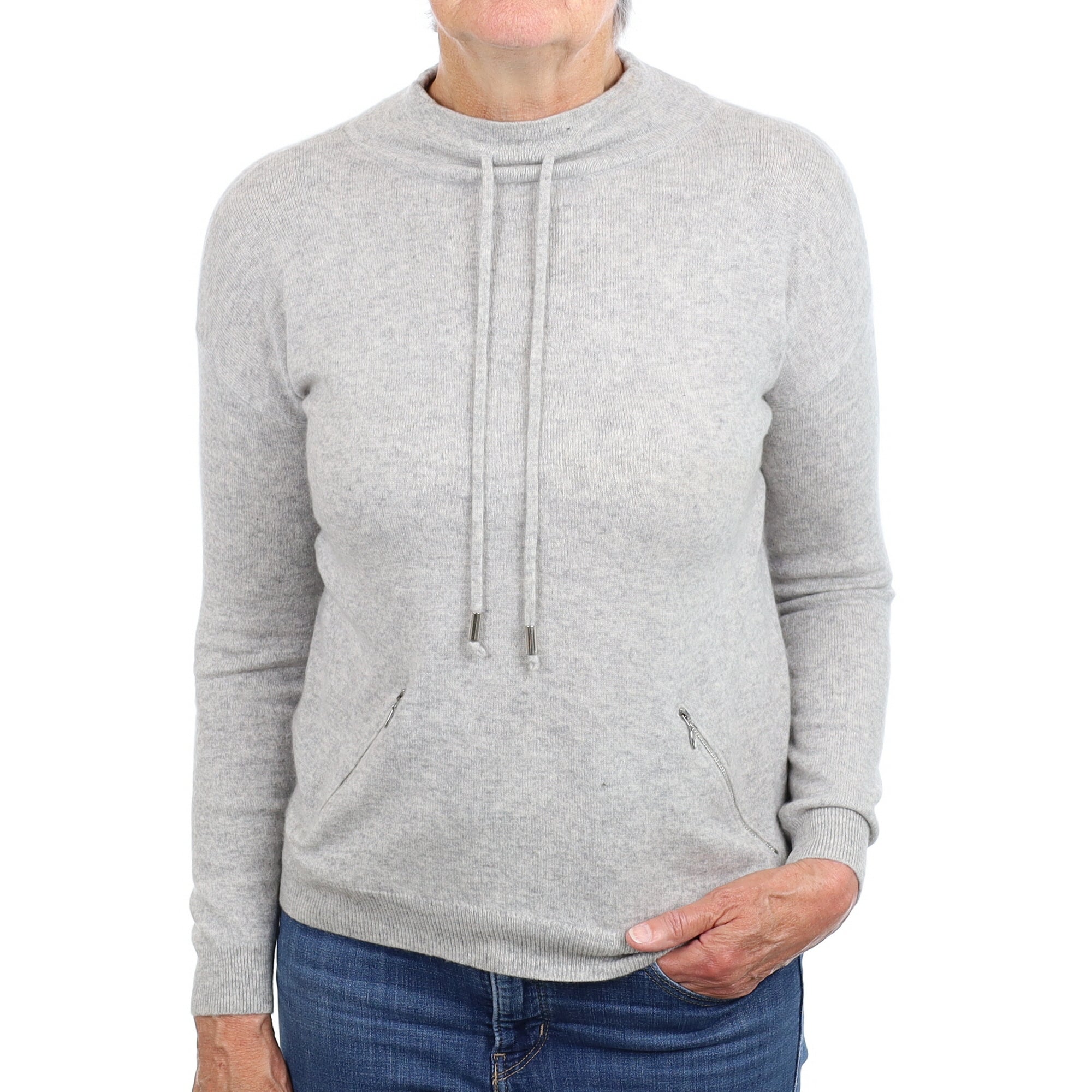 Mist Grey Cashmere Drawstring Funnel Neck Jumper Medium
