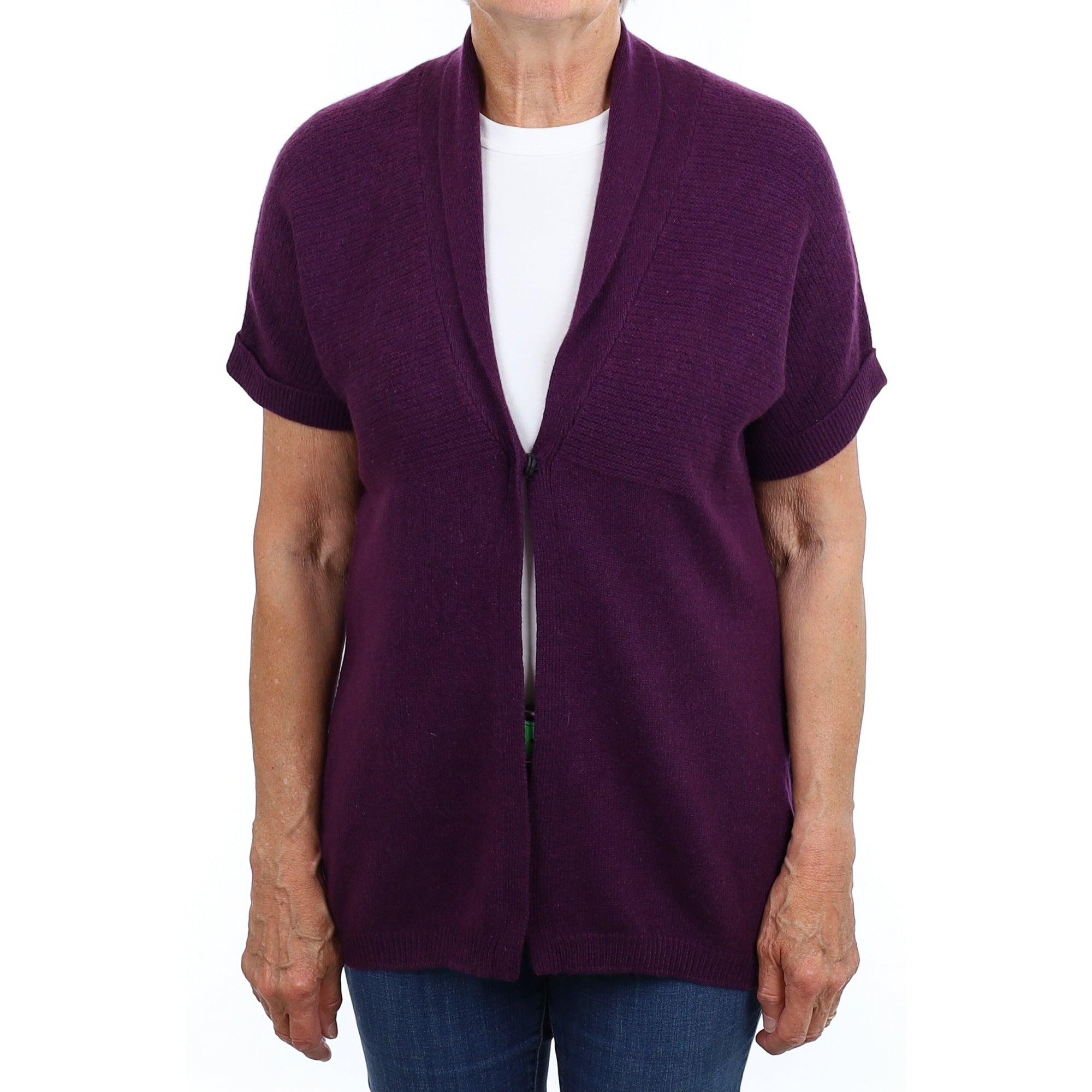 Plum Purple Cashmere Shawl Collar Short Sleeved Cardigan Medium