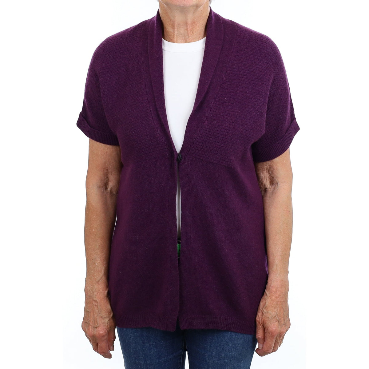 Plum Purple Cashmere Shawl Collar Short Sleeved Cardigan Medium