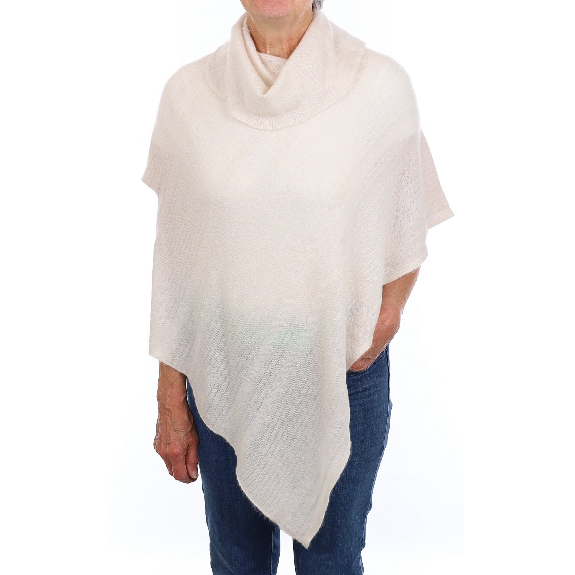 Ivory Ribbed Cashmere Polo Neck Poncho Medium