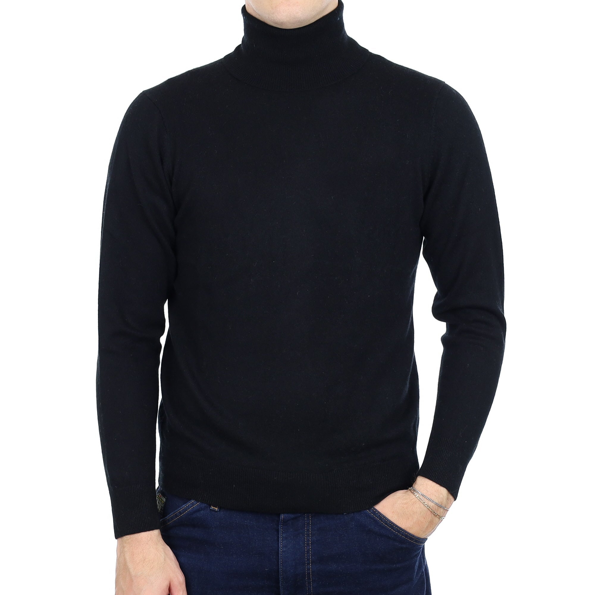 Men's Black Cashmere Polo  Neck Jumper Medium