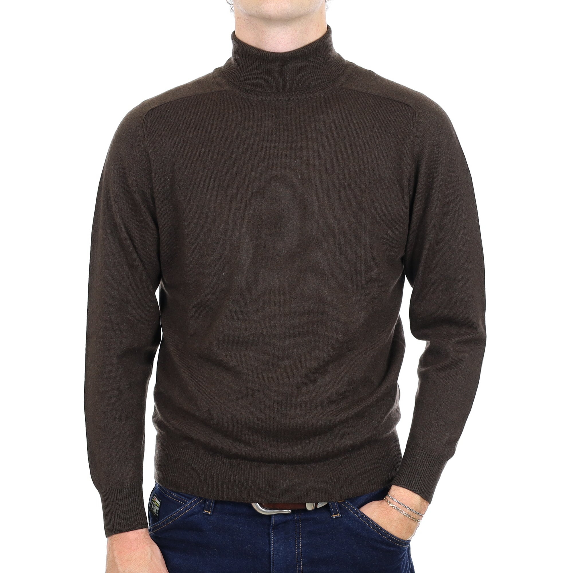 Men's Chocolate Brown Cashmere Polo Neck Jumper Medium