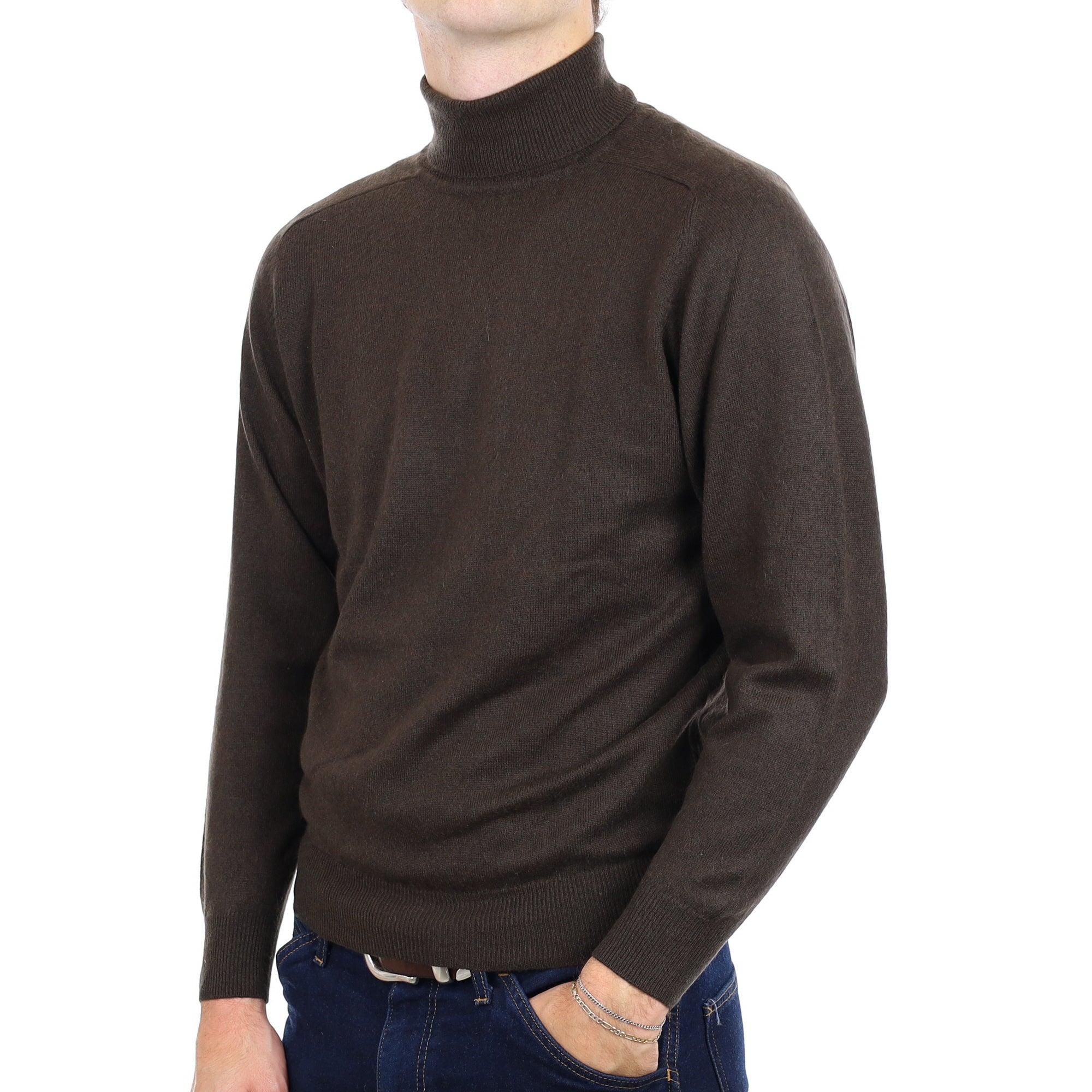 Men's Chocolate Brown Cashmere Polo Neck Jumper Medium