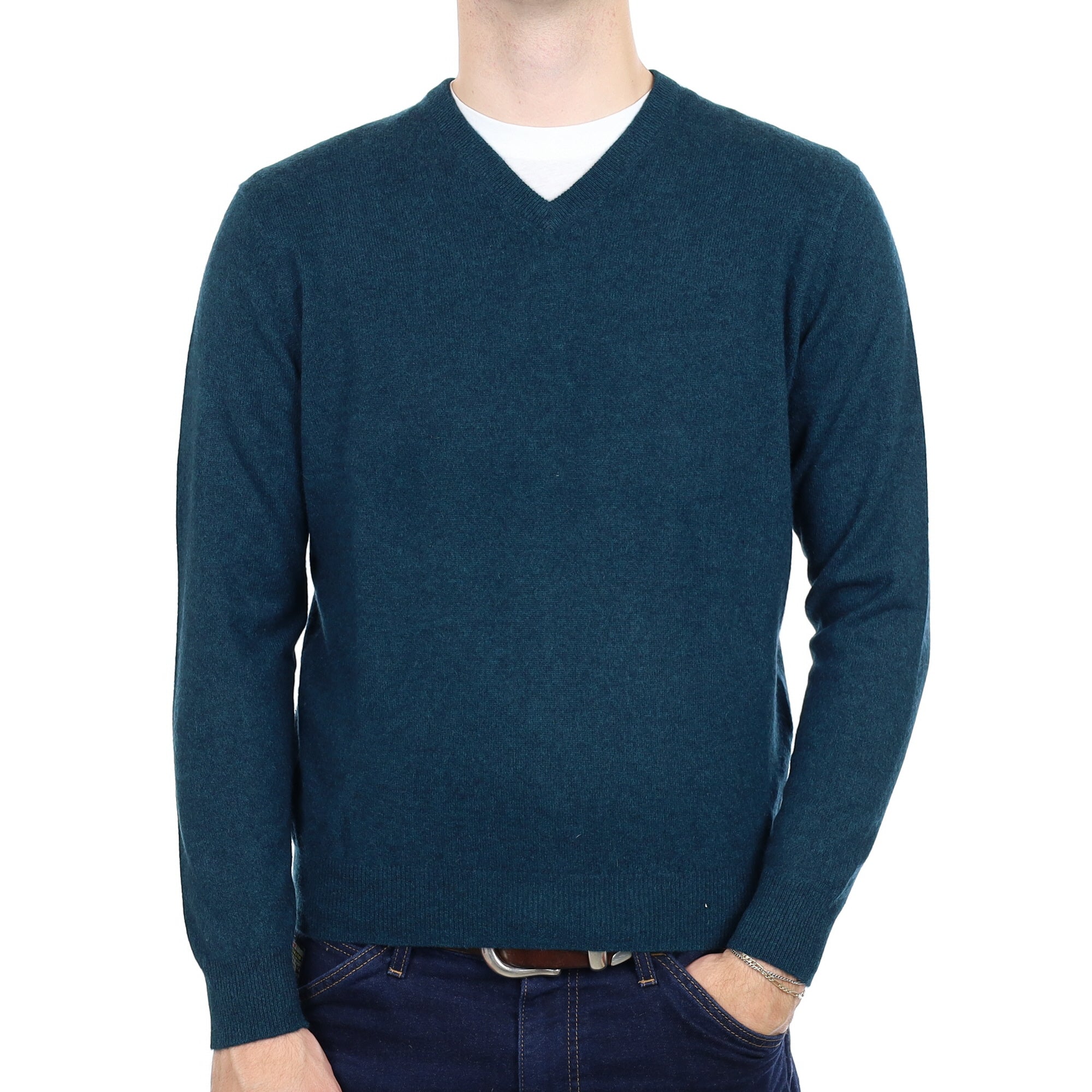 Men's Forest Green Marl Cashmere V Neck Jumper Medium