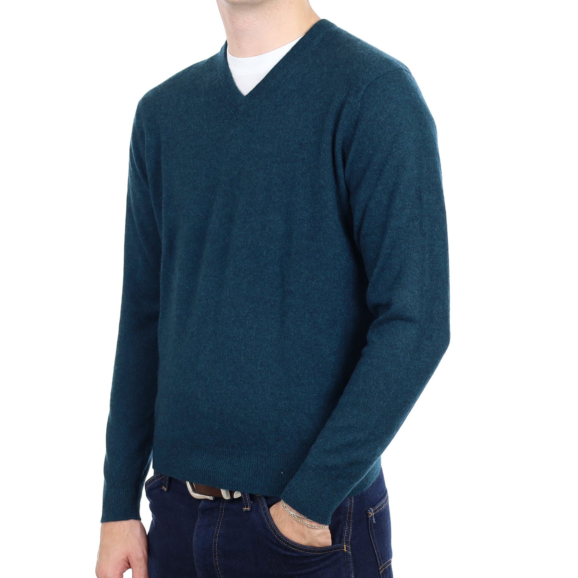 Men's Forest Green Marl Cashmere V Neck Jumper Medium