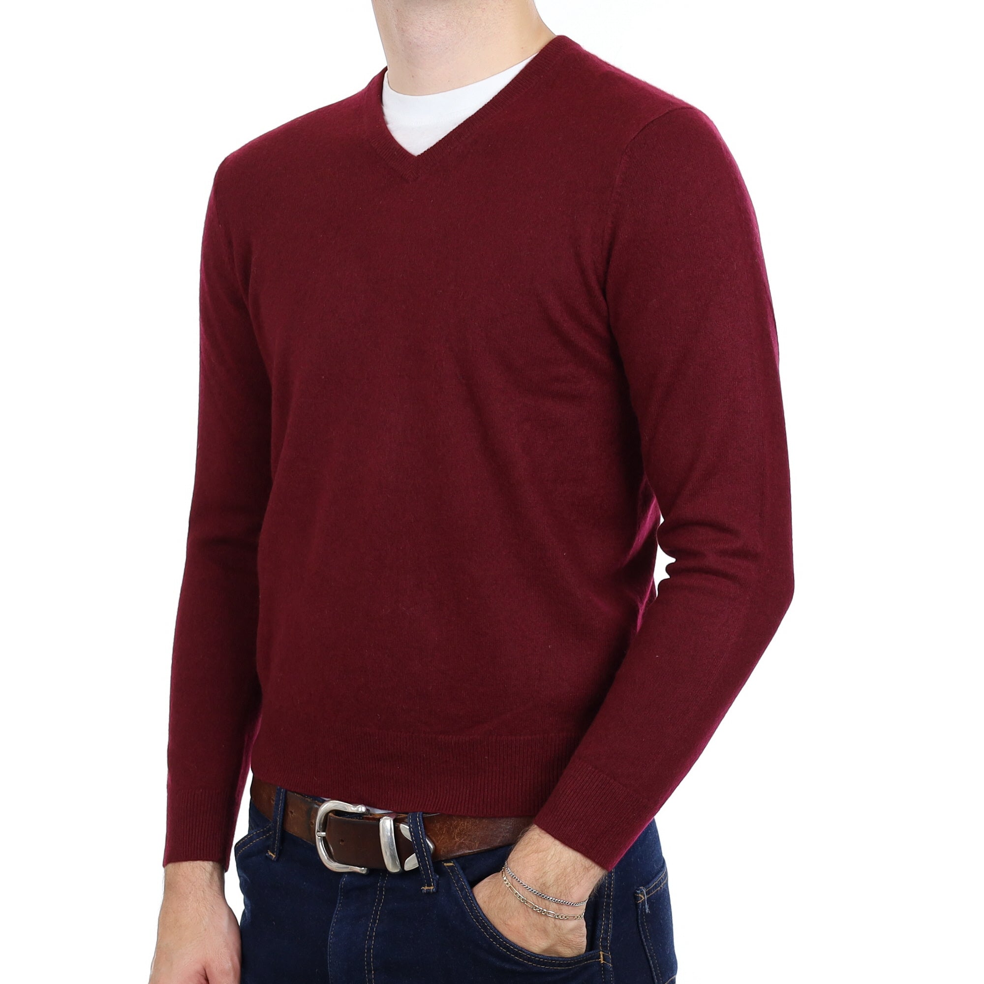 Men's Mulberry Purple Cashmere V Neck Jumper Medium