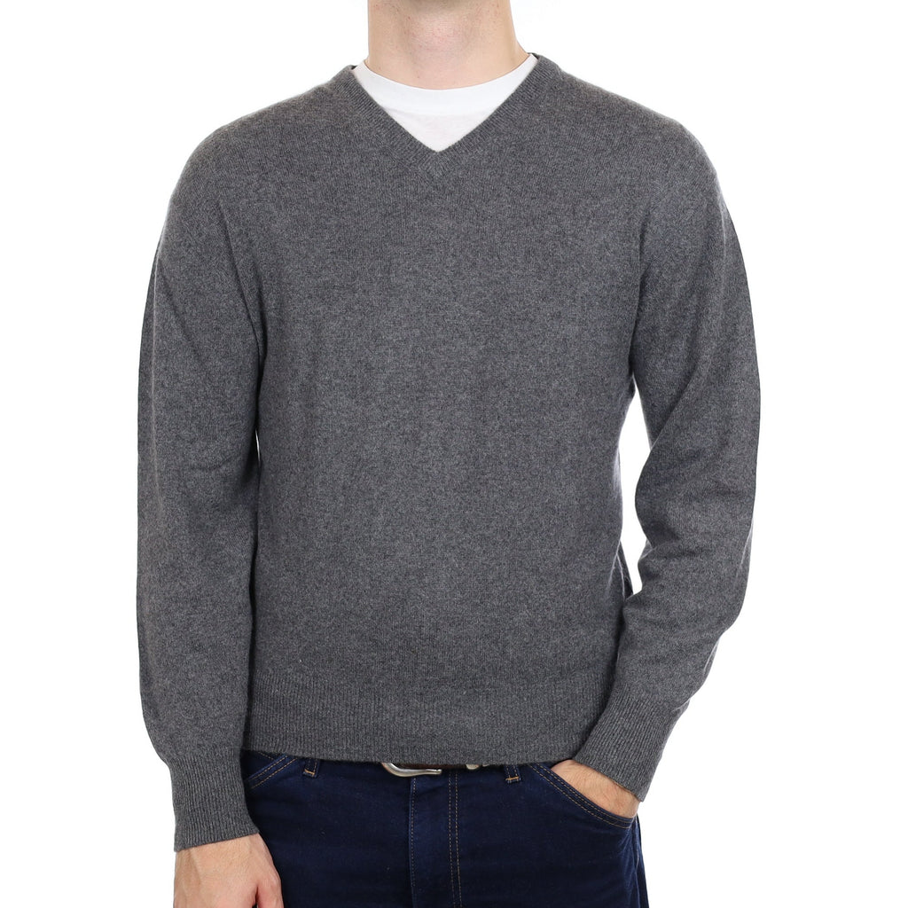 Men's Slate Grey Cashmere V Neck Jumper Medium