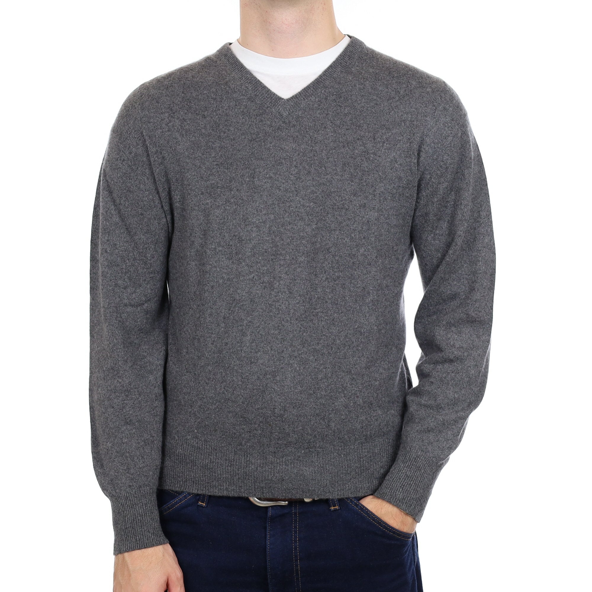 Men's Slate Grey Cashmere V Neck Jumper Medium