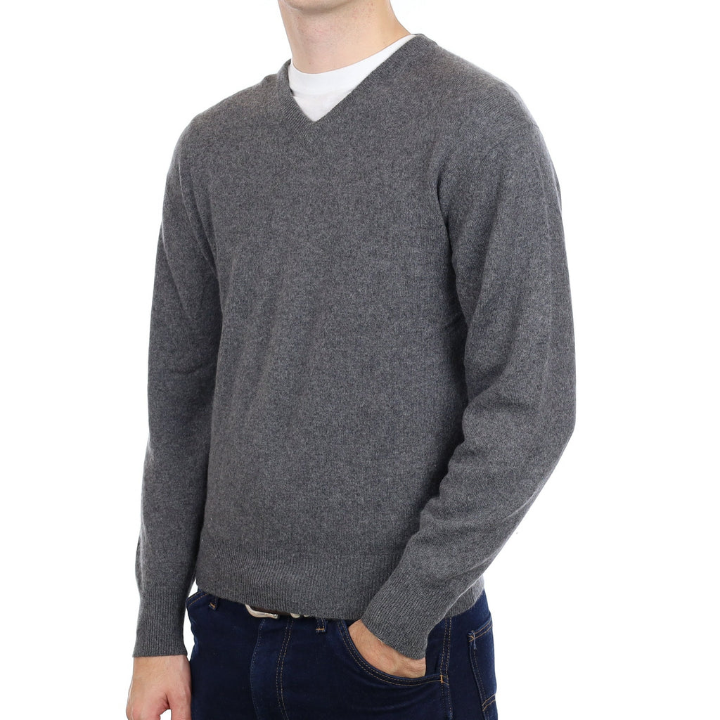 Men's Slate Grey Cashmere V Neck Jumper Medium