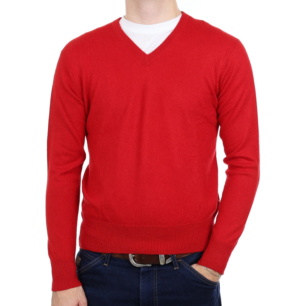 Men's Post Box Red Cashmere V Neck Jumper Medium