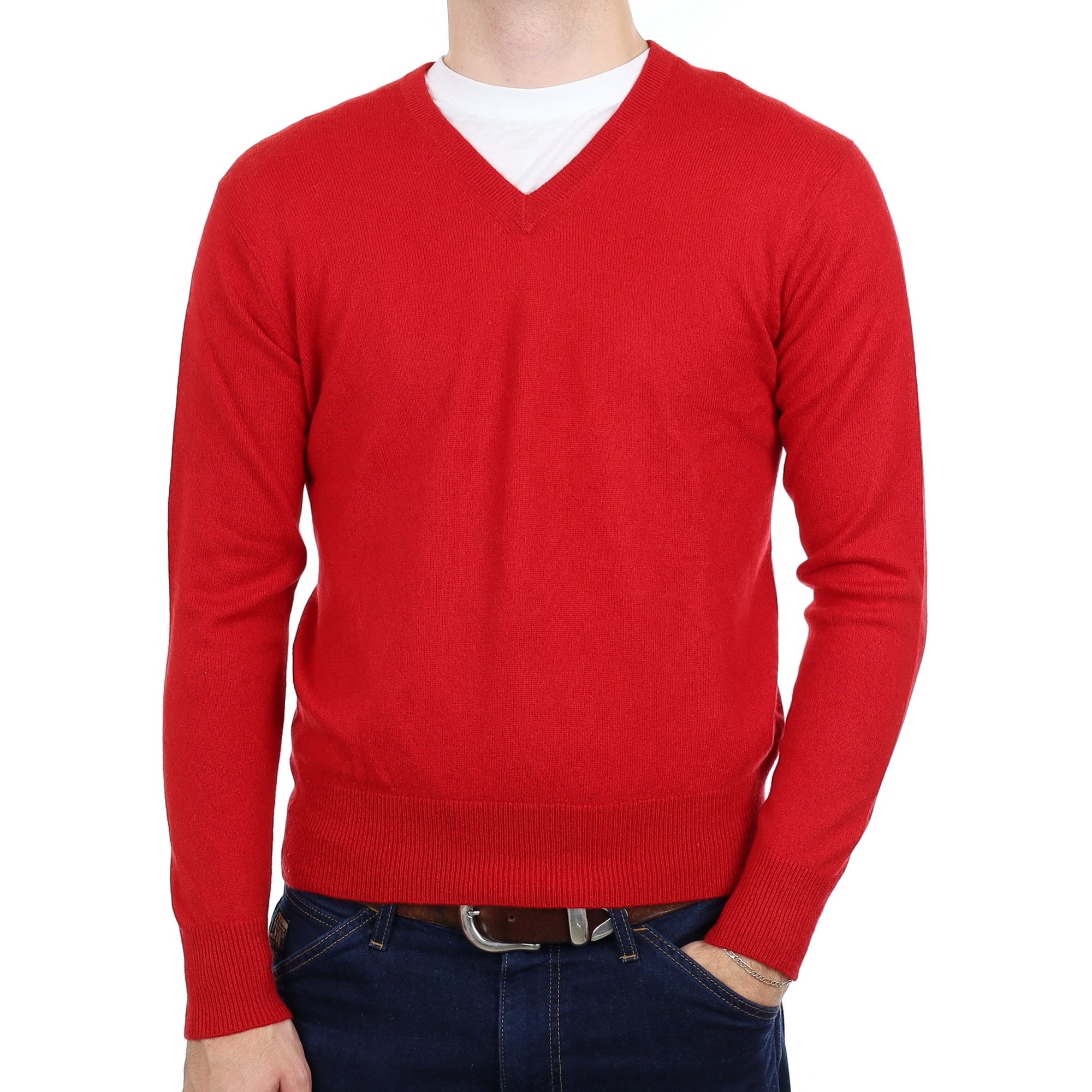 Men's Post Box Red Cashmere V Neck Jumper Medium