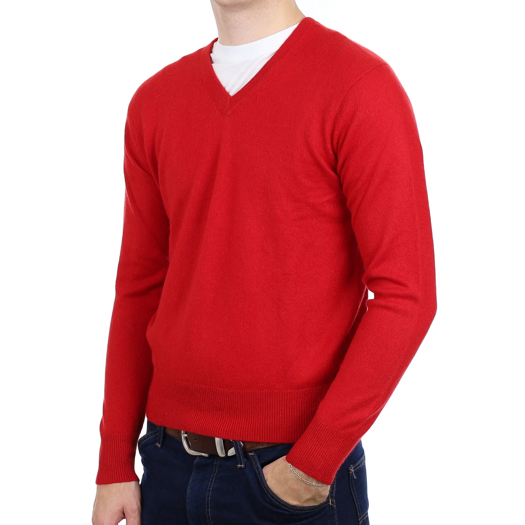 Men's Post Box Red Cashmere V Neck Jumper Medium