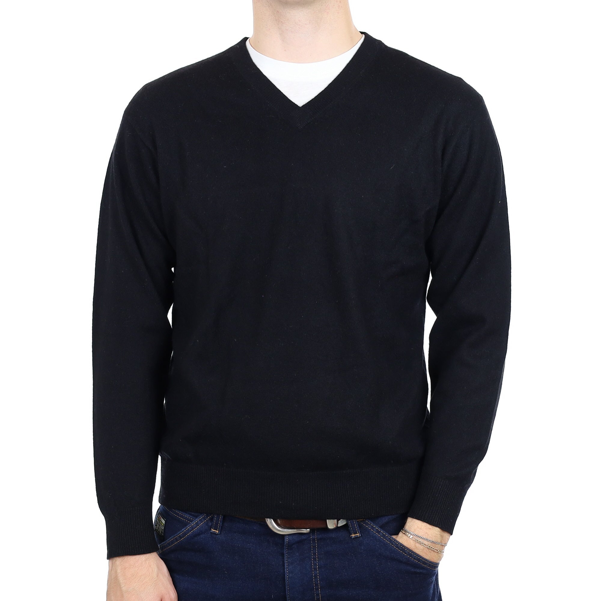 Men's Black Cashmere V Neck Jumper Medium