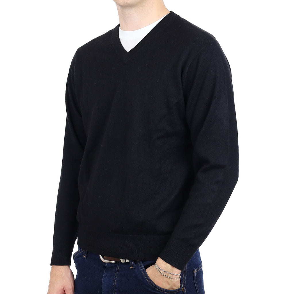 Men's Black Cashmere V Neck Jumper Medium