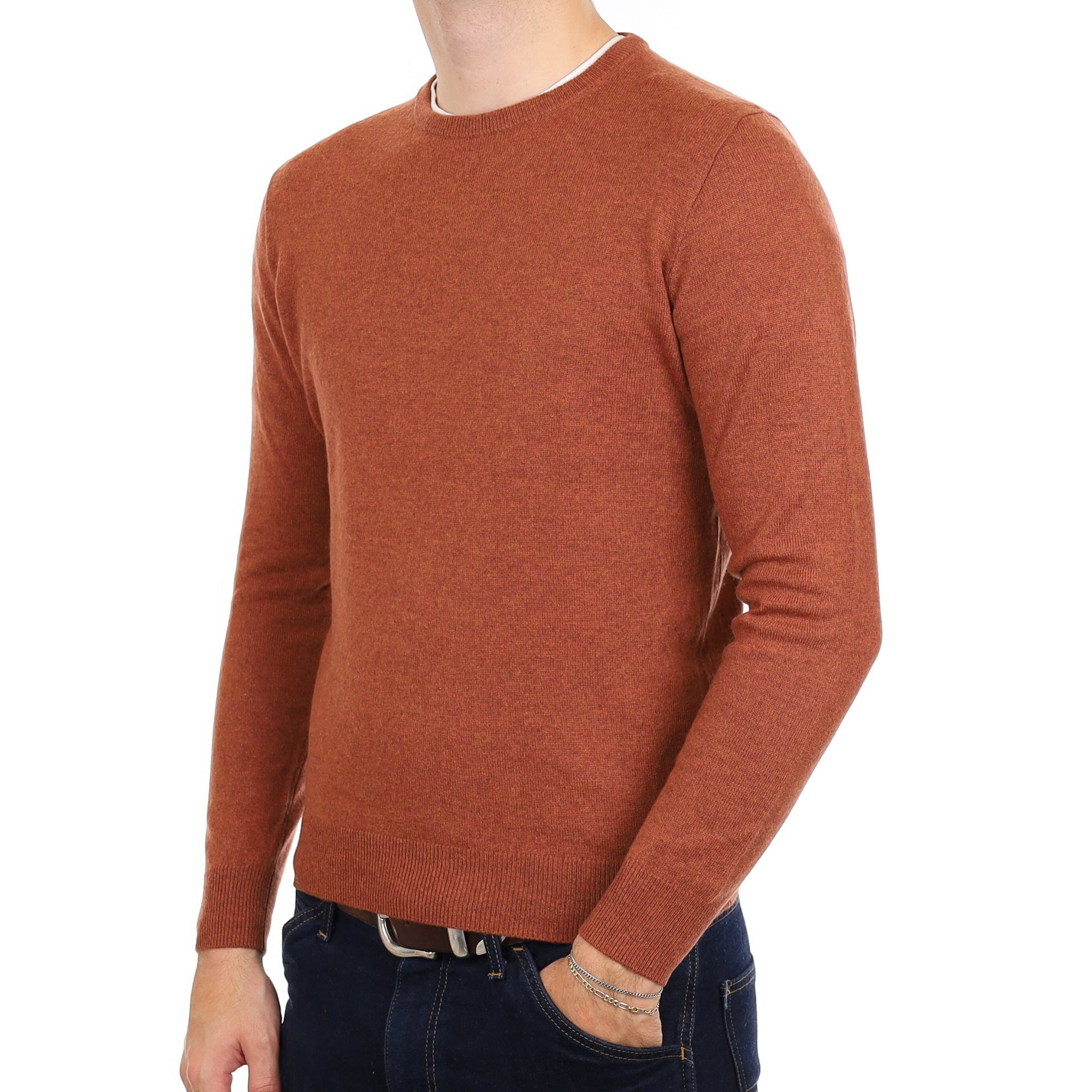 Men's Cinnamon Brown Marl Cashmere Crew Neck Jumper Medium