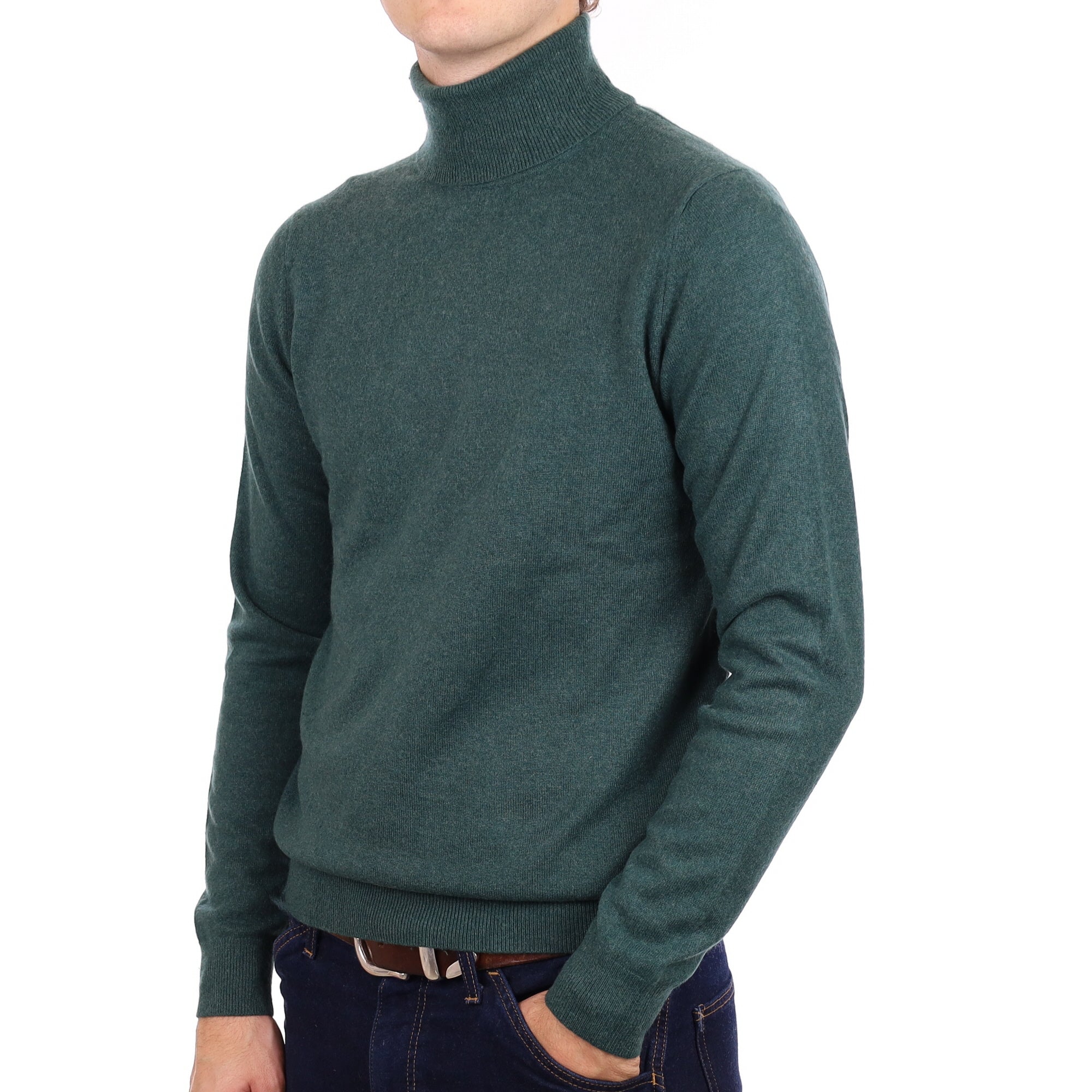Men's Spruce Green Cashmere Polo Neck Jumper Medium