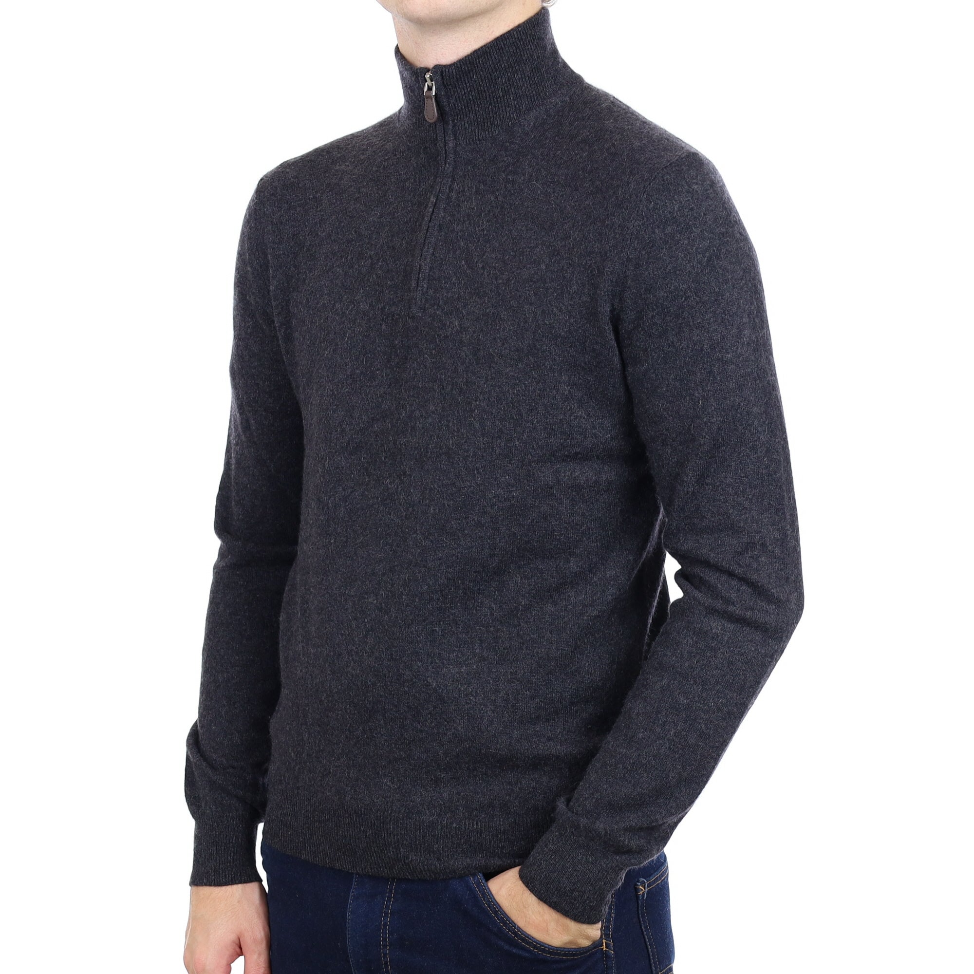 Men's Charcoal Grey Cashmere Quarter Zip Jumper Medium