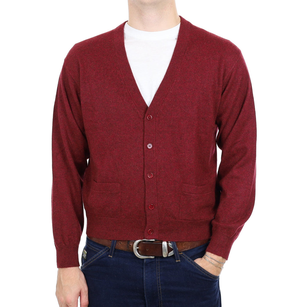 Men's Burgundy Marl Cashmere V Neck Cardigan with Pockets Large