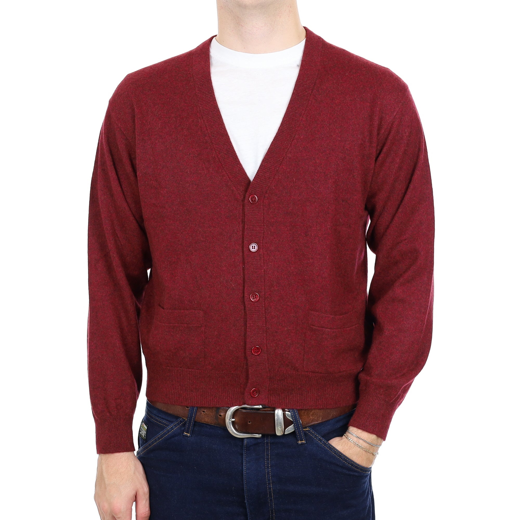 Men's Burgundy Marl Cashmere V Neck Cardigan with Pockets Large