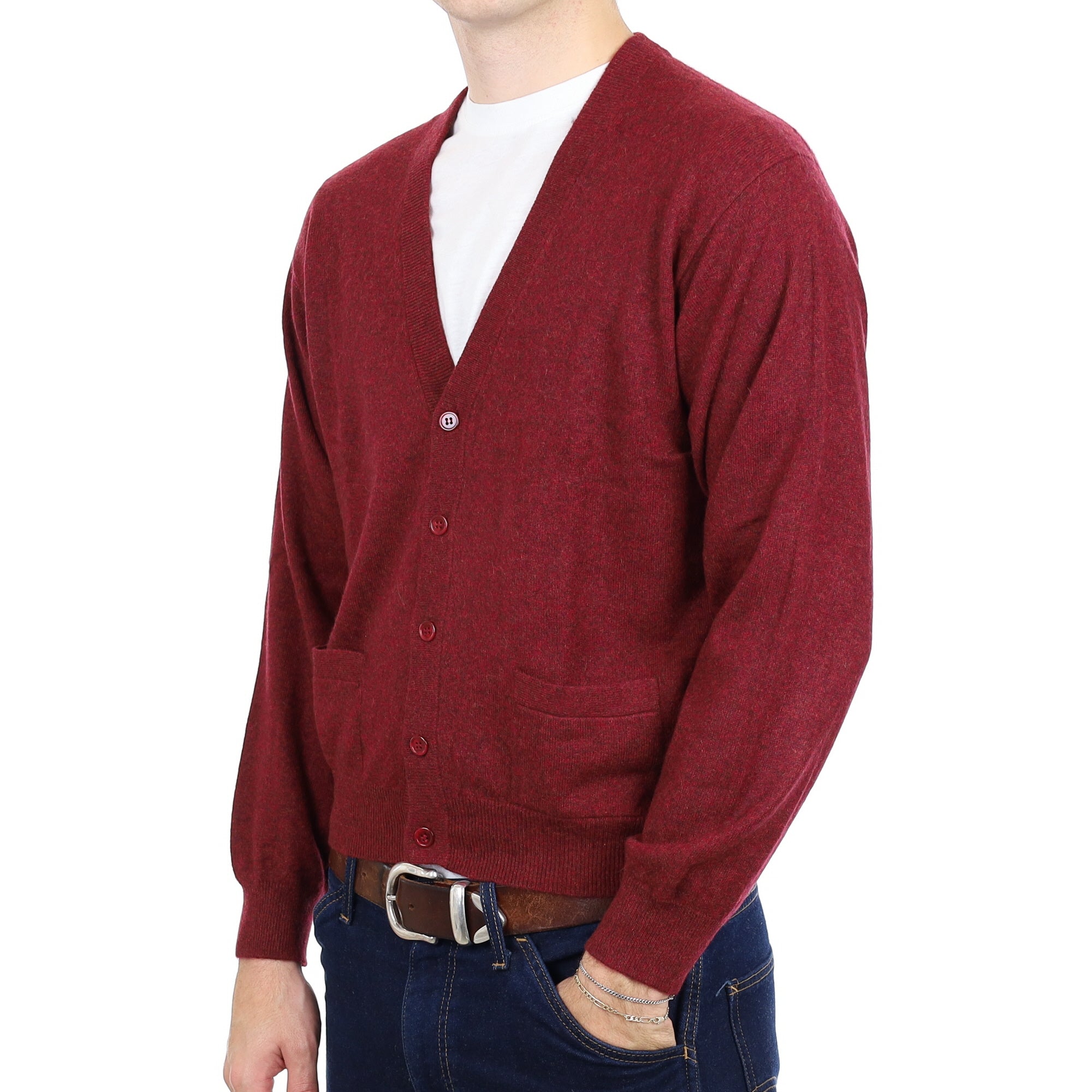 Men's Burgundy Marl Cashmere V Neck Cardigan with Pockets Large