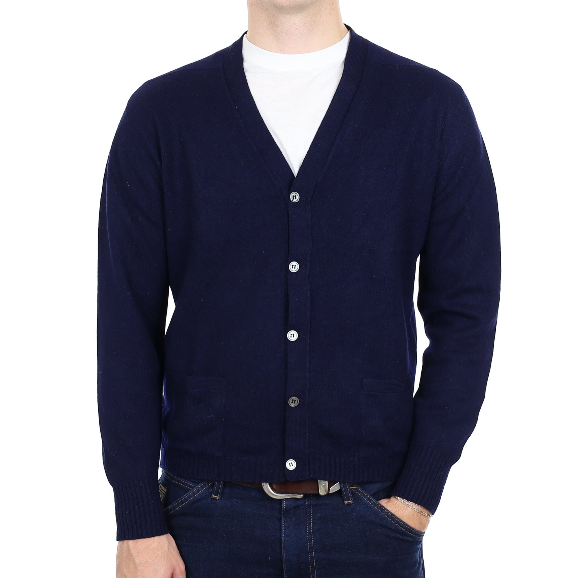 Men's Scottish Navy Cashmere V Neck Cardigan With Pockets Large
