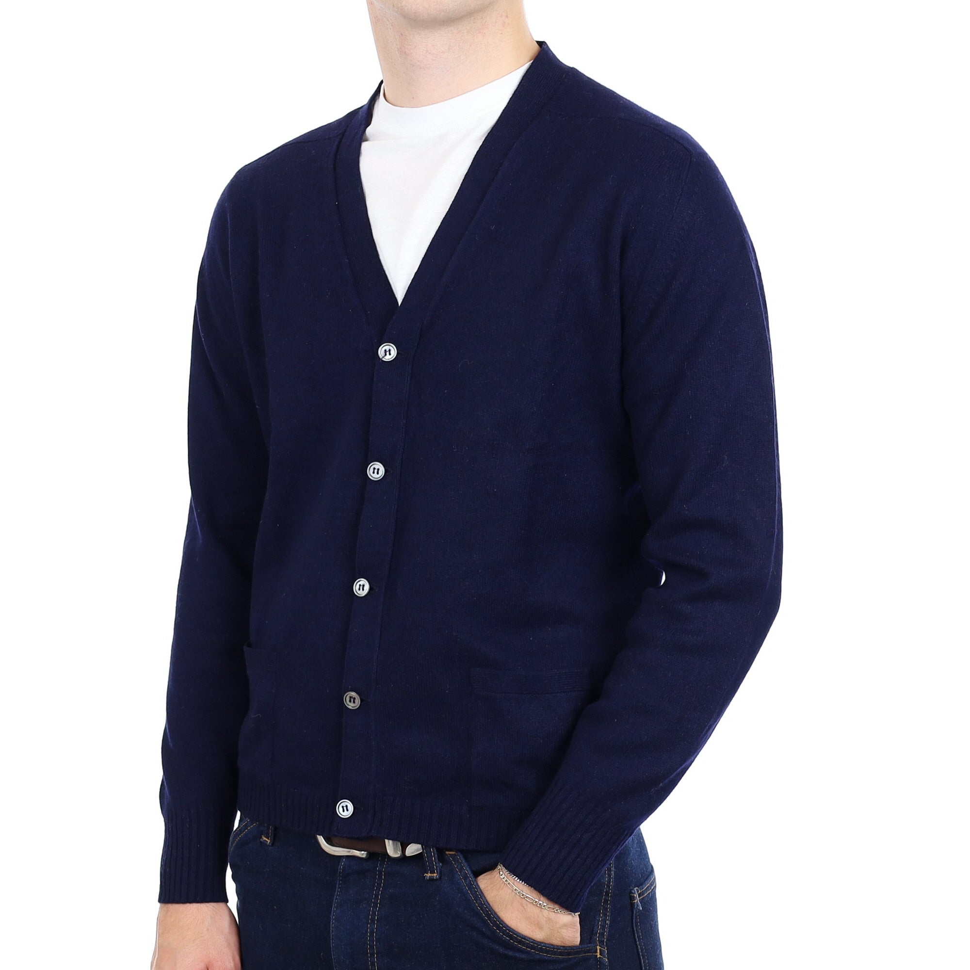 Men's Scottish Navy Cashmere V Neck Cardigan With Pockets Large