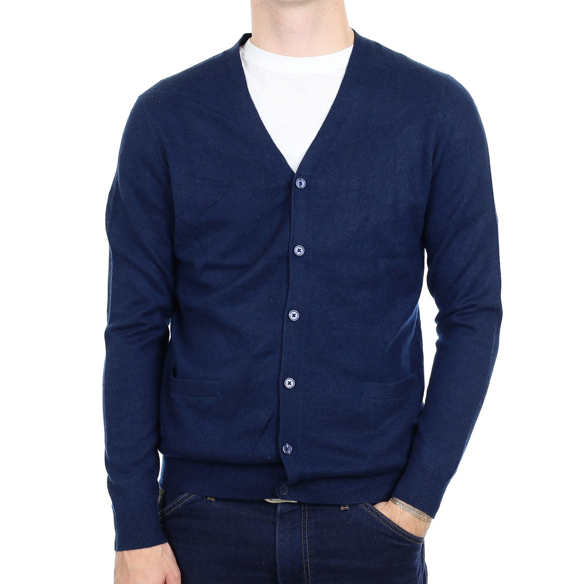 Men's Navy Blue Cashmere V Neck Cardigan with Pockets Medium