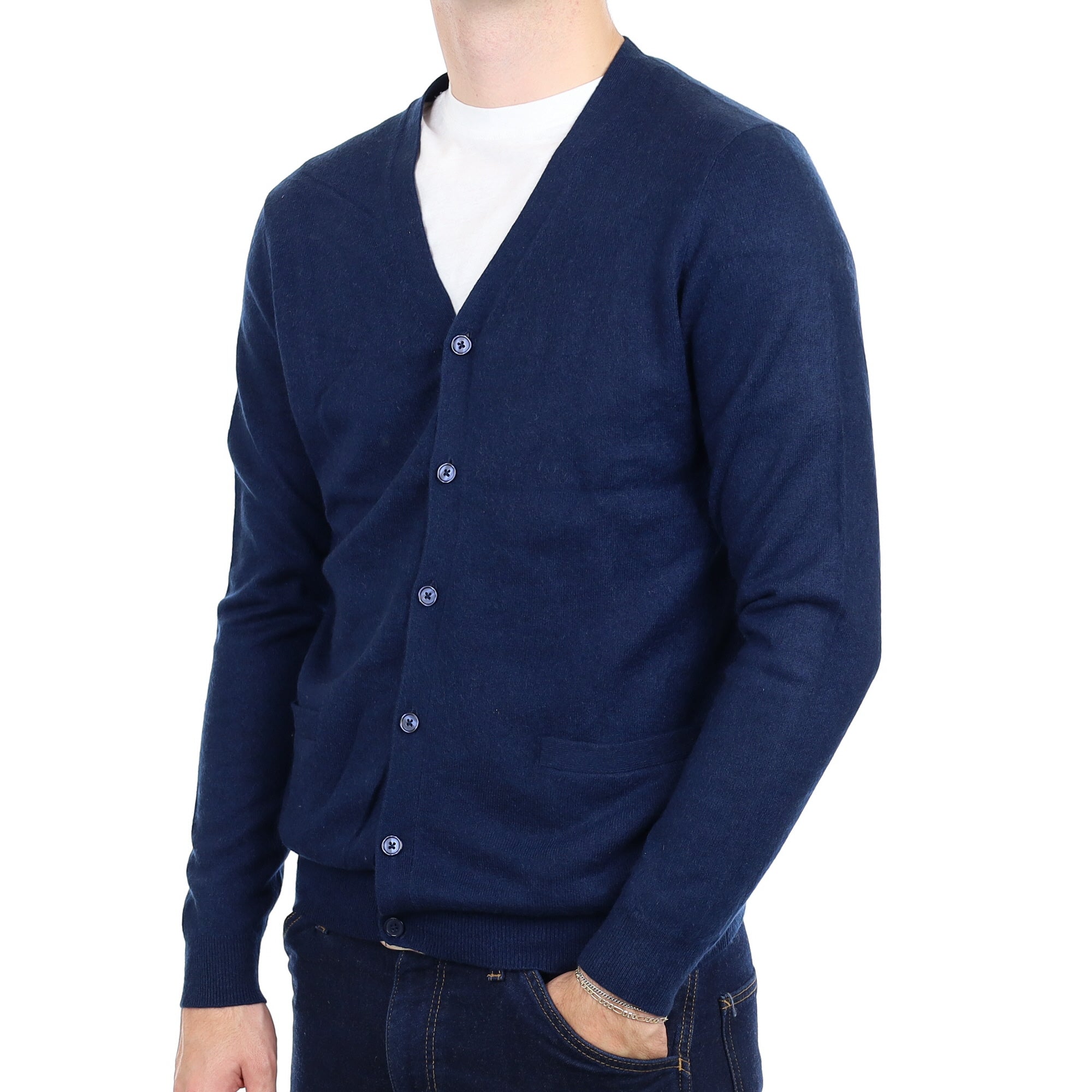 Men's Navy Blue Cashmere V Neck Cardigan with Pockets Medium