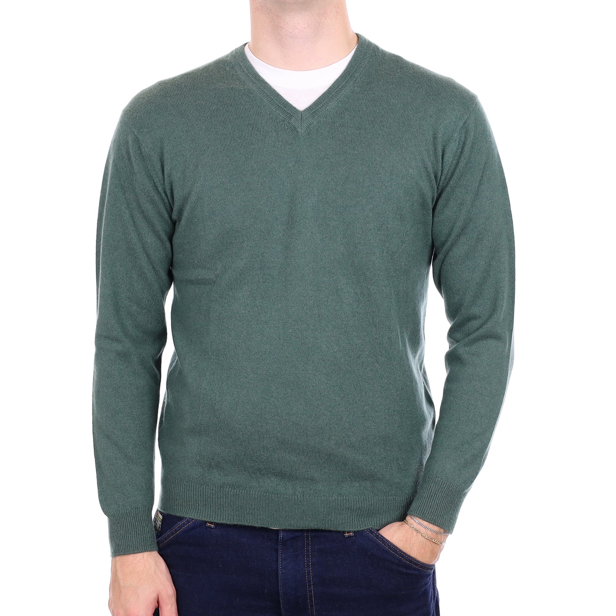 Men's Moss Green Cashmere V Neck Jumper Medium