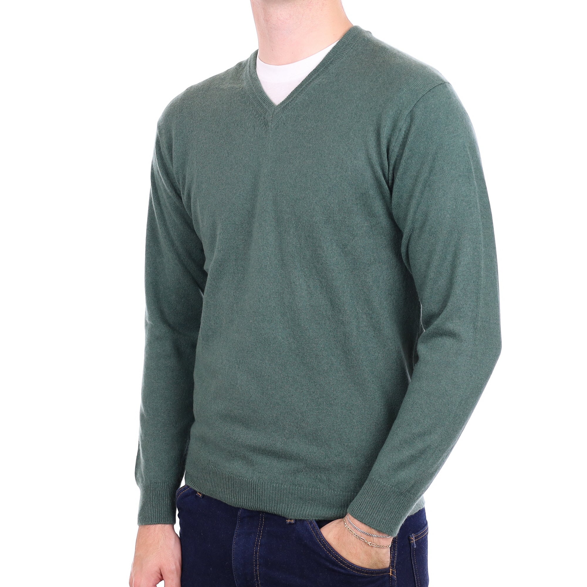 Men's Moss Green Cashmere V Neck Jumper Medium