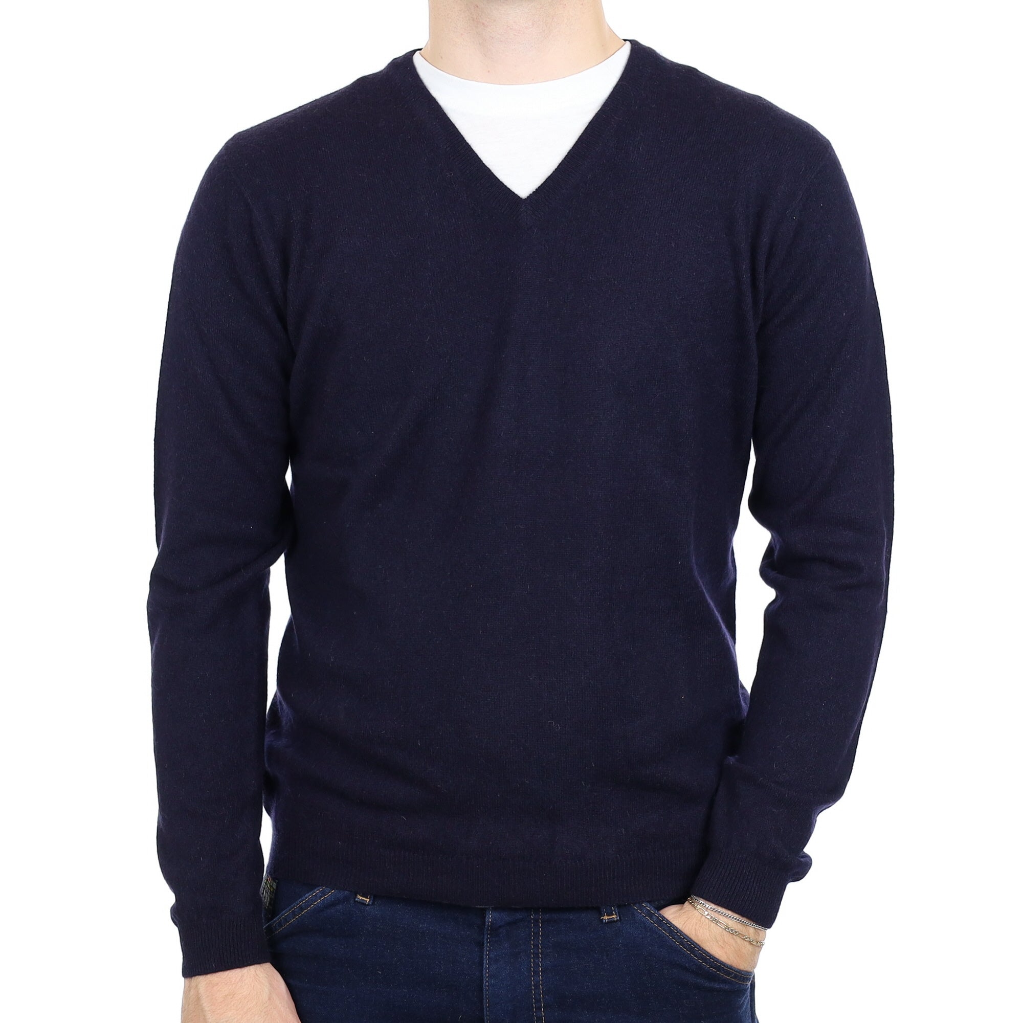 Men's Navy Blue Cashmere V Neck Jumper Medium
