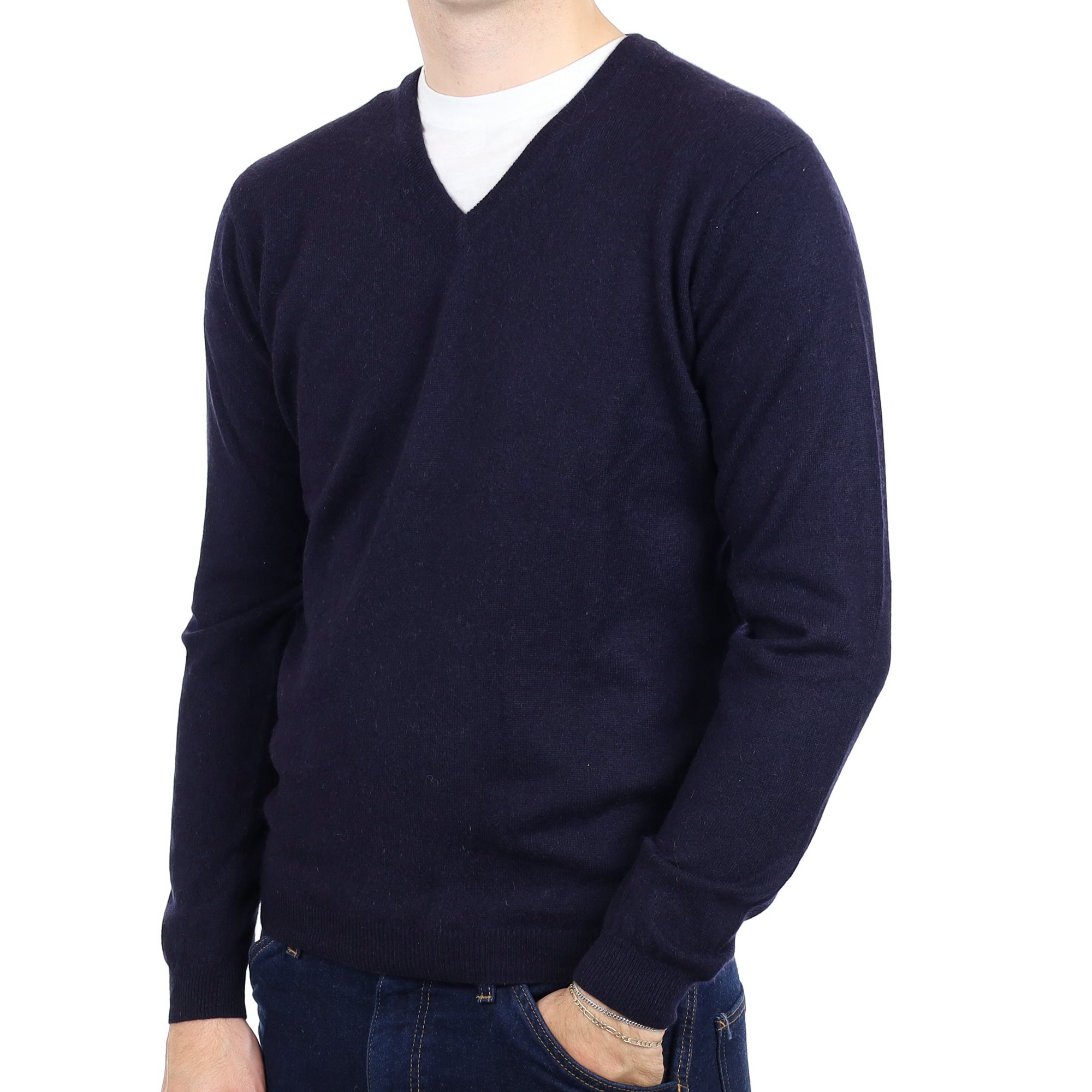 Men's Navy Blue Cashmere V Neck Jumper Medium