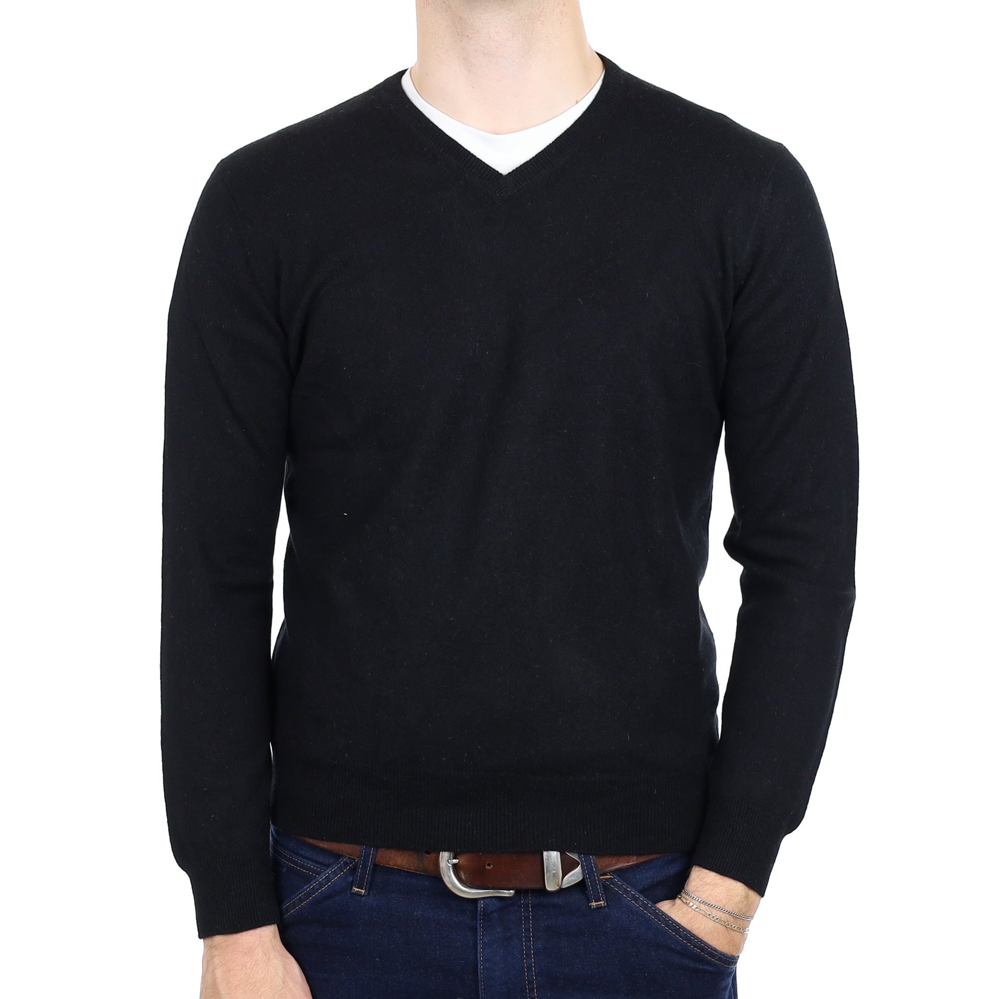 Men's Black Cashmere V Neck Jumper Medium