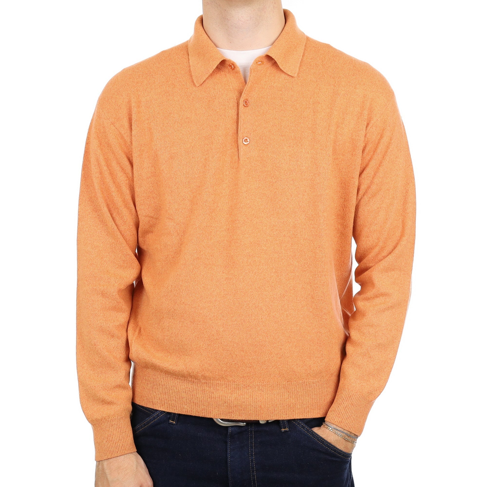 Men's Orange Marl Cashmere Collard Quarter Button Jumper Medium