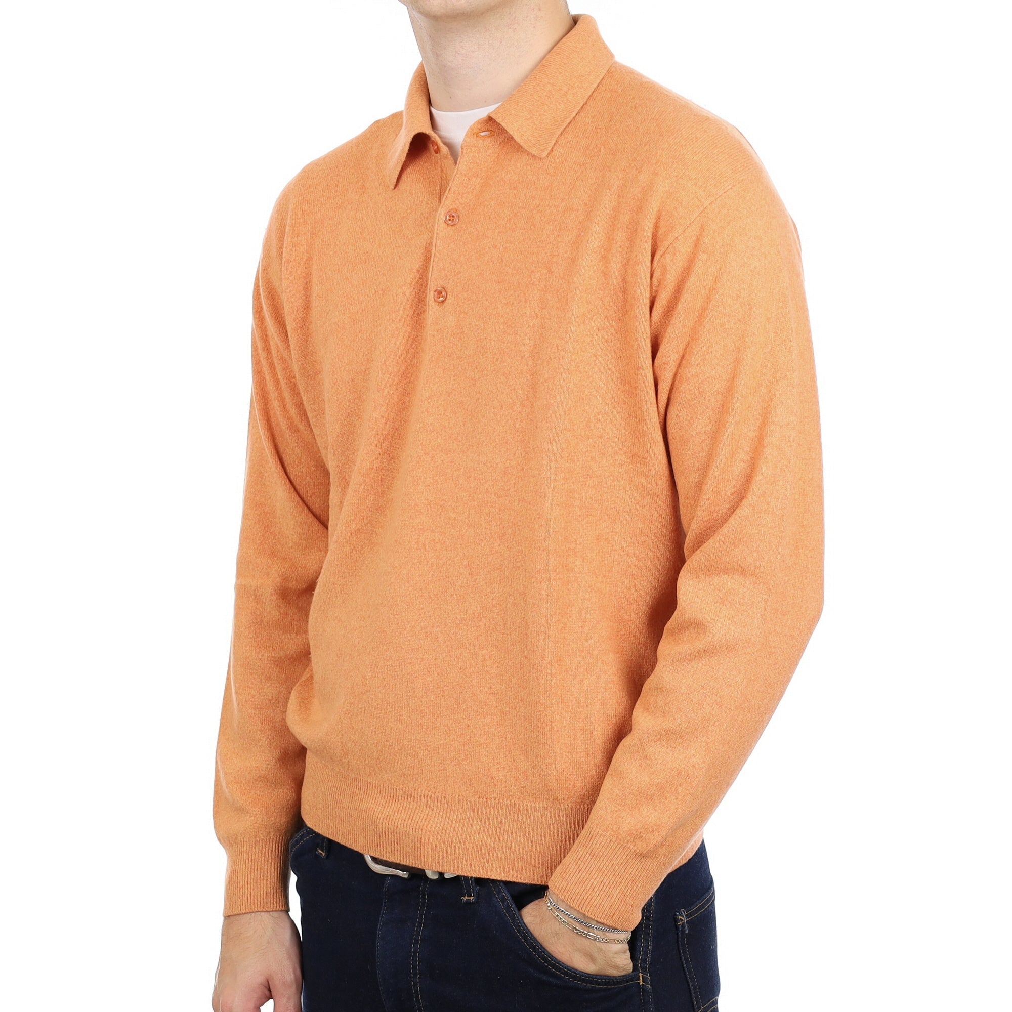 Men's Orange Marl Cashmere Collard Quarter Button Jumper Medium