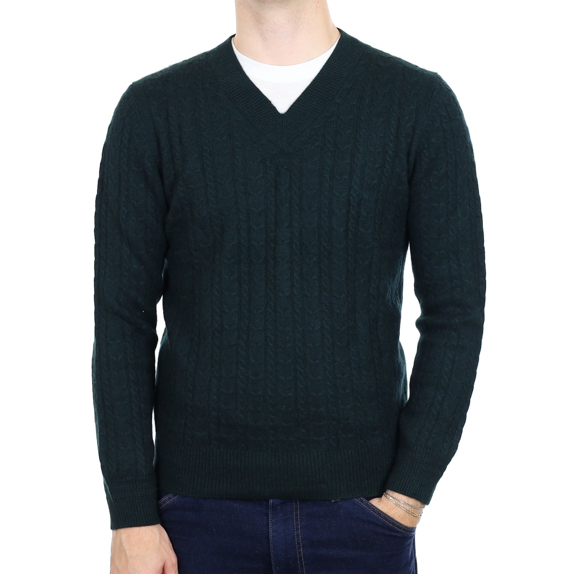 Men's Bottle Green Cashmere V Neck Jumper Medium