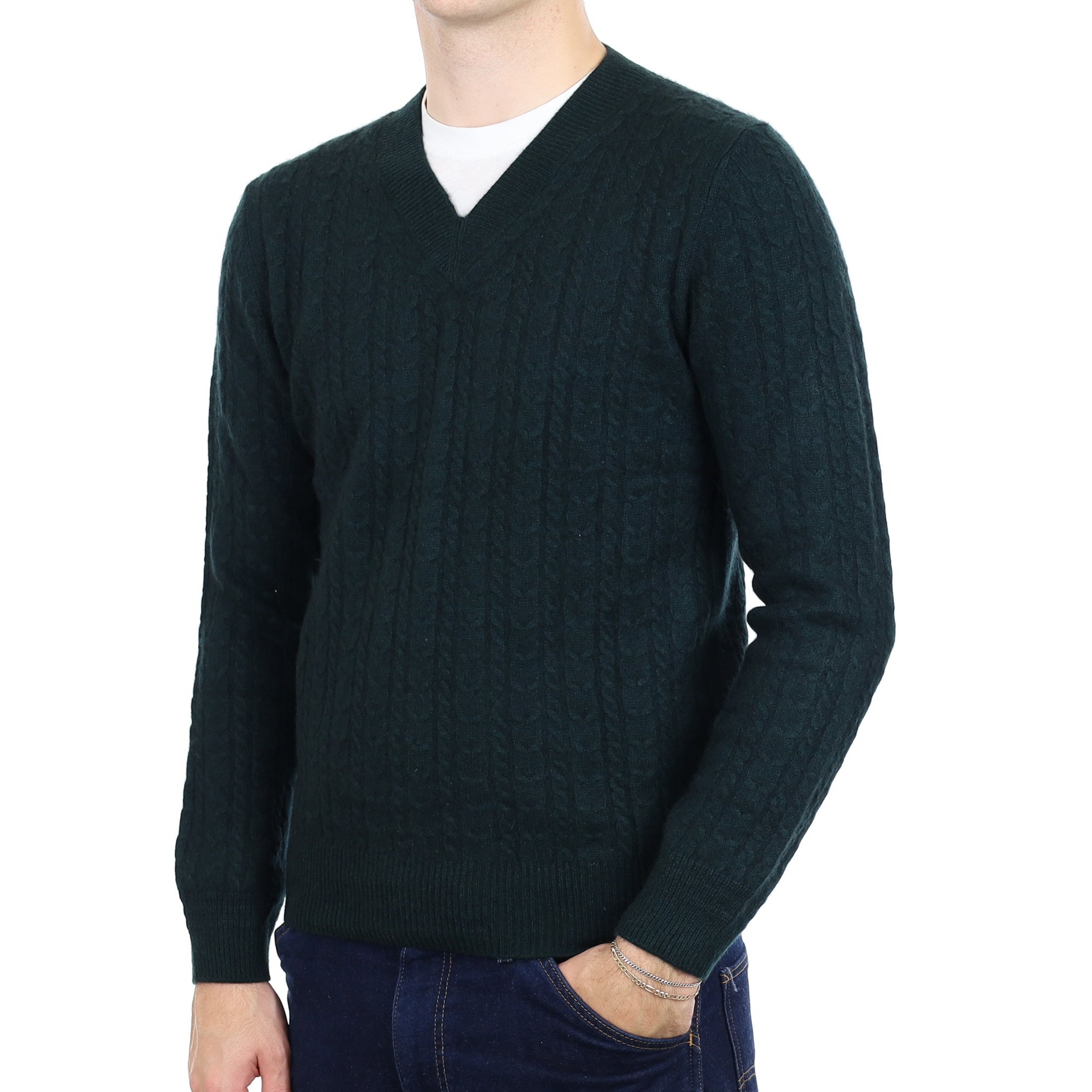 Men's Bottle Green Cashmere V Neck Jumper Medium