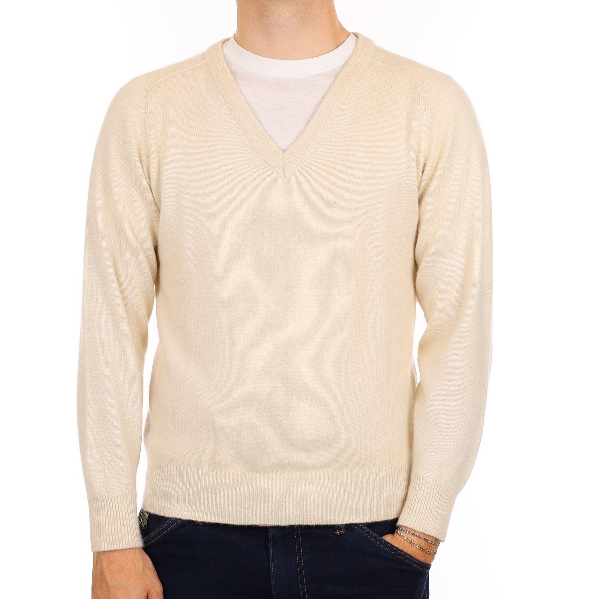 Men's Vanilla Cream Cashmere V Neck Jumper Medium