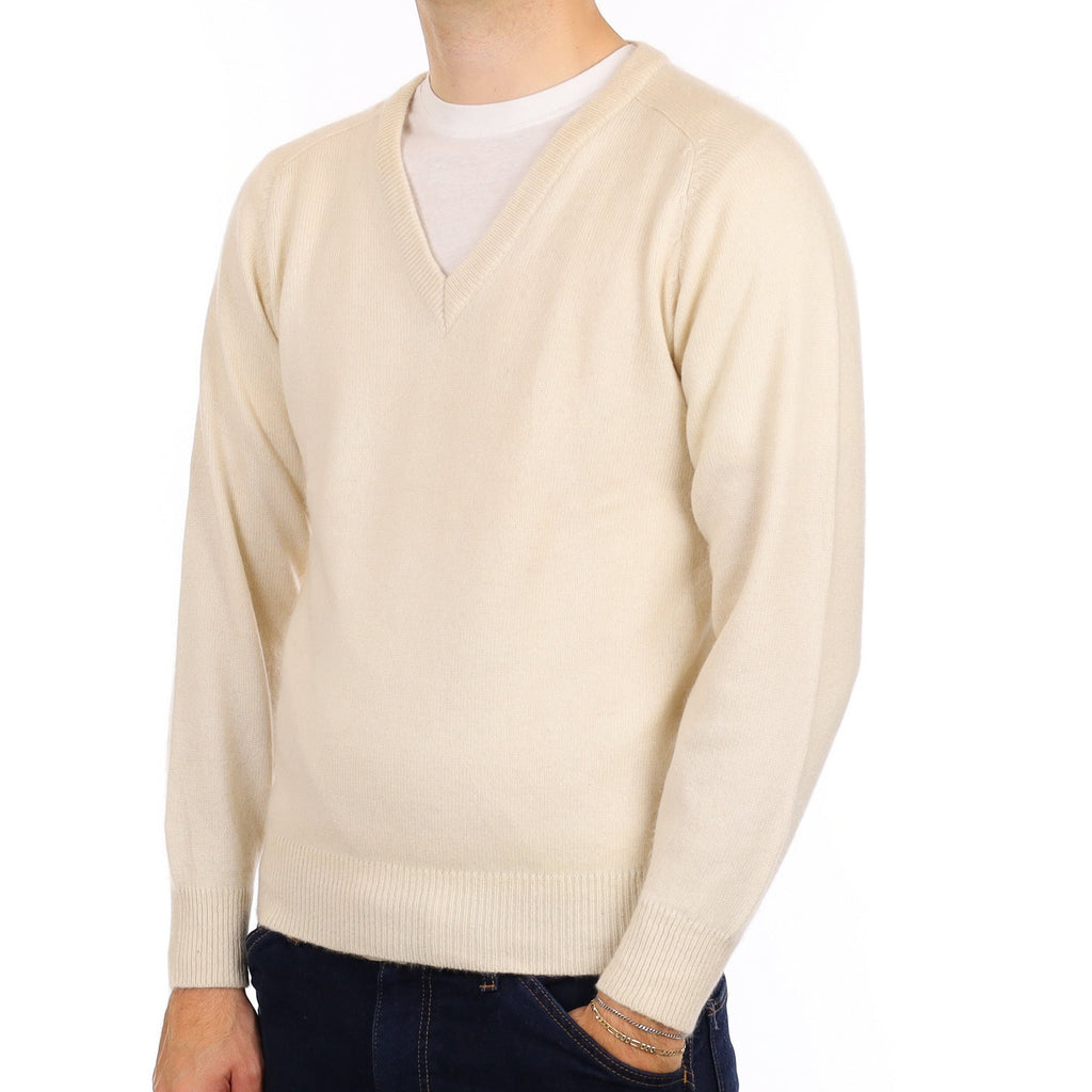 Men's Vanilla Cream Cashmere V Neck Jumper Medium