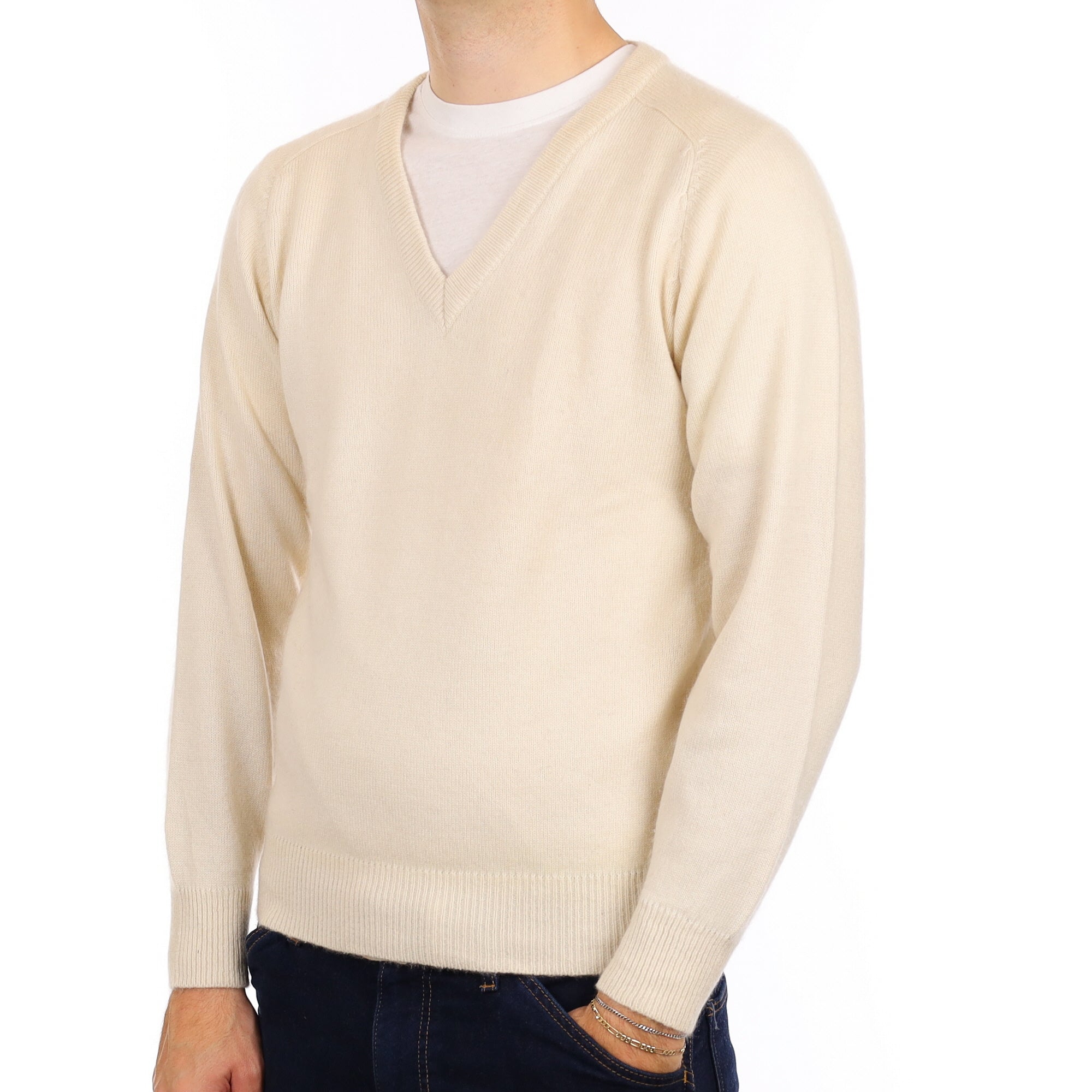 Men's Vanilla Cream Cashmere V Neck Jumper Medium