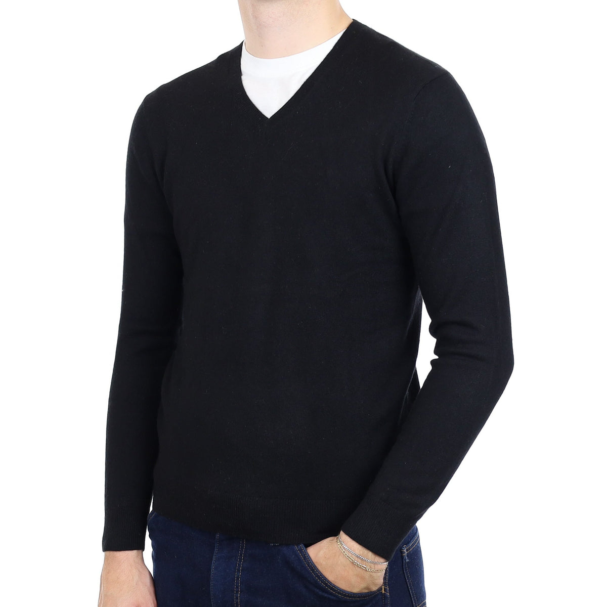 Men's Black Cashmere V Neck Jumper Medium