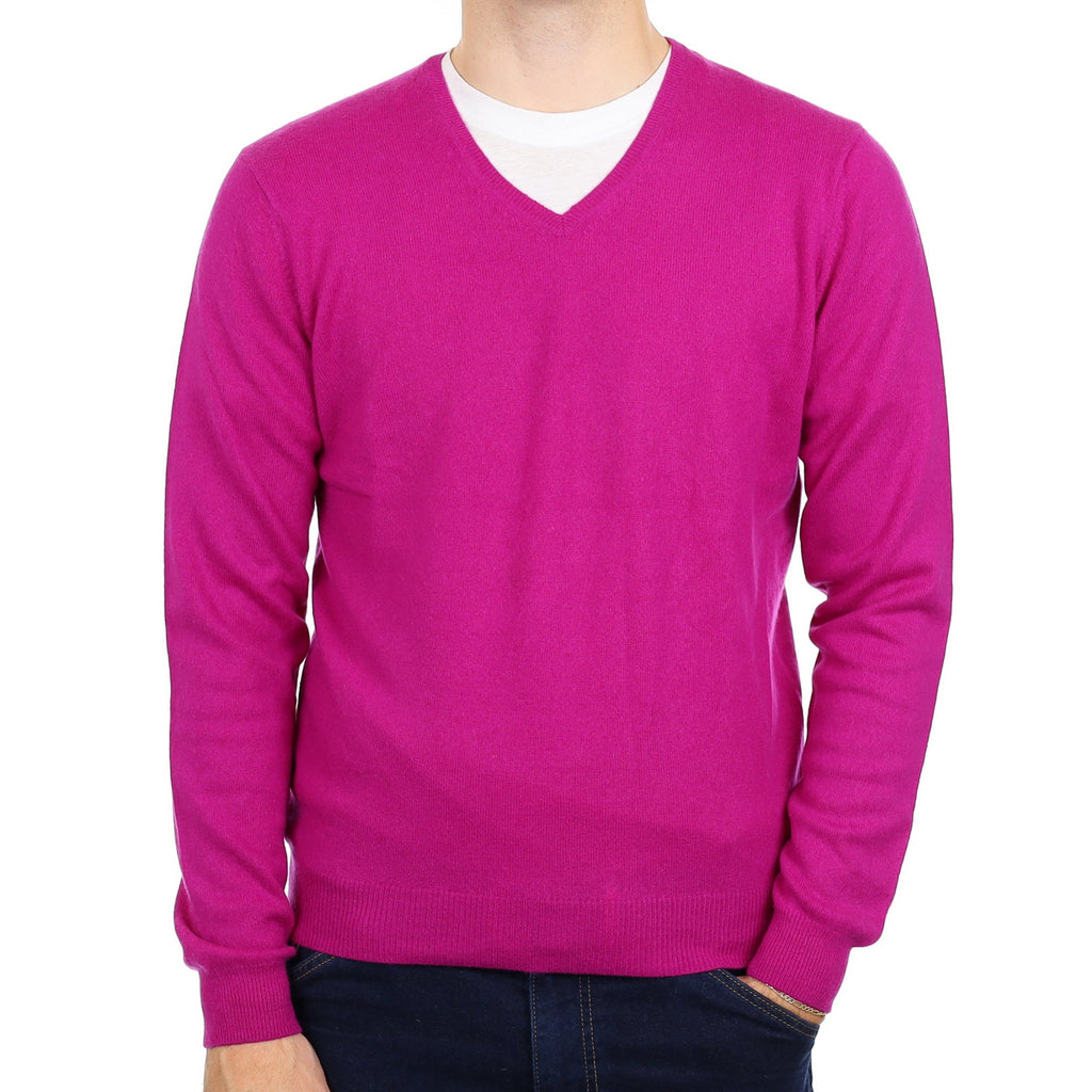 Men's Magenta Pink Cashmere V Neck Jumper Medium