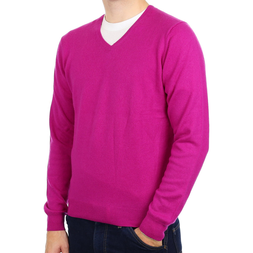 Men's Magenta Pink Cashmere V Neck Jumper Medium